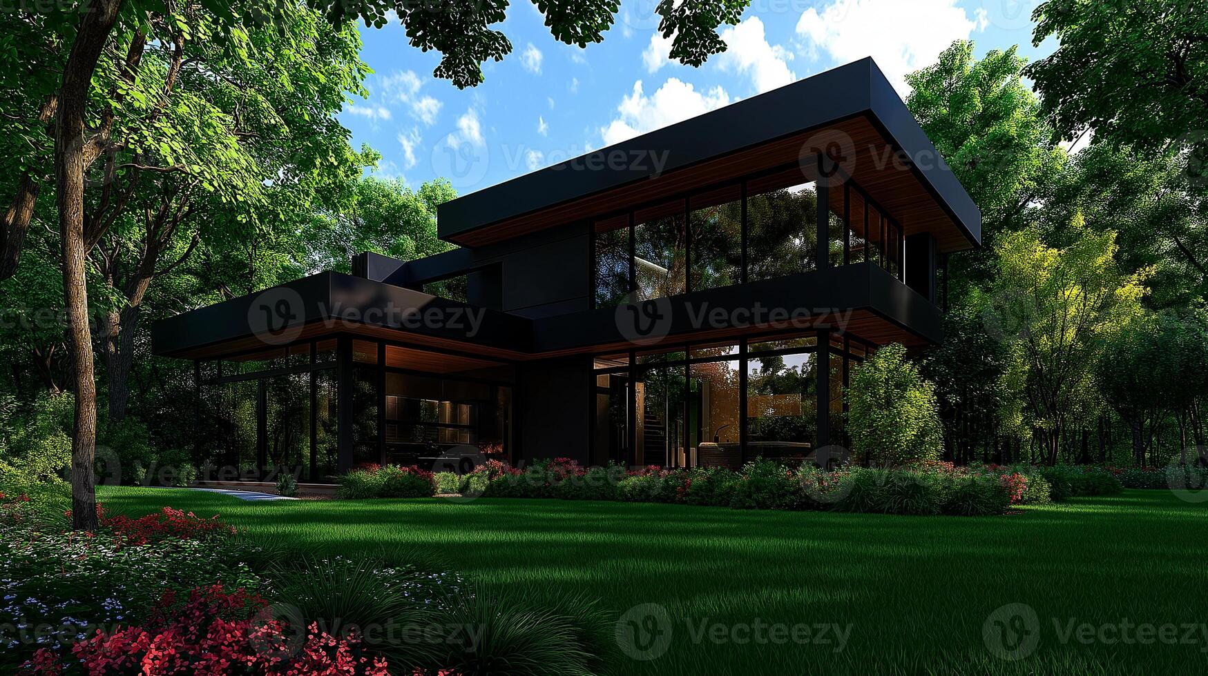 Modern house surrounded by lush greenery and vibrant flowers, showcasing large glass windows and sleek design. serene environment enhances architectural beauty photo
