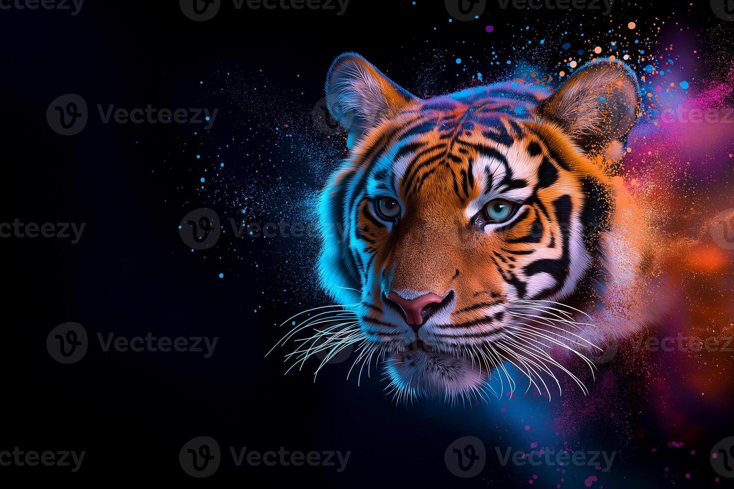 Colorful illustration of vibrant tiger with striking features, set against dark background with splashes of color. artwork captures majestic essence of this wild animal photo
