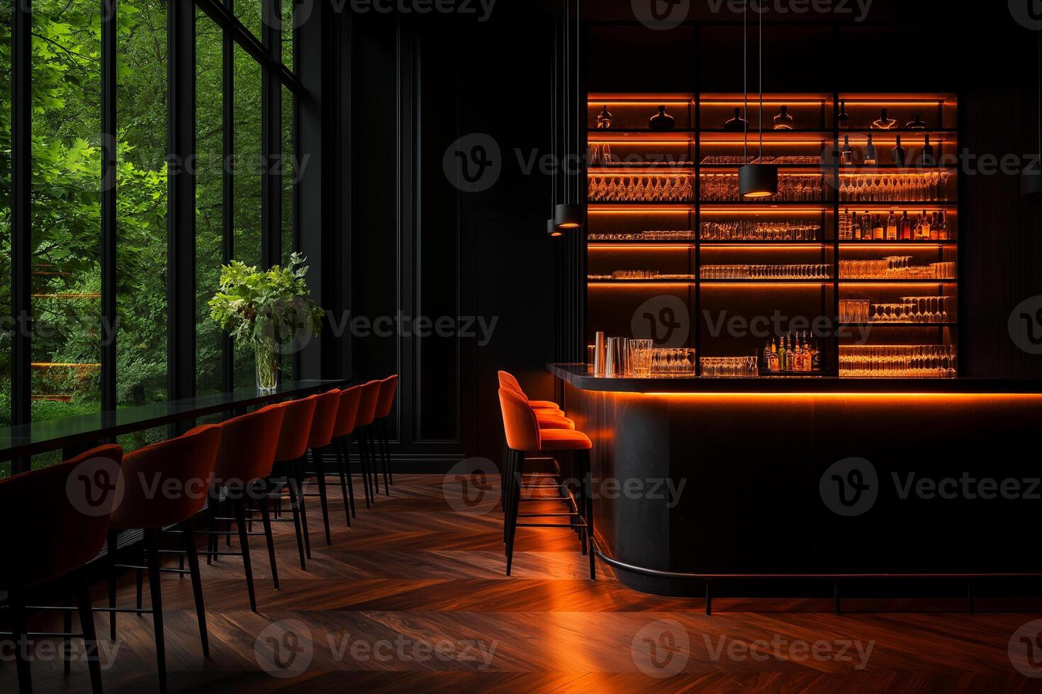 modern bar interior featuring illuminated shelves, velvet seating, and large windows with view of greenery. warm lighting creates inviting atmosphere photo