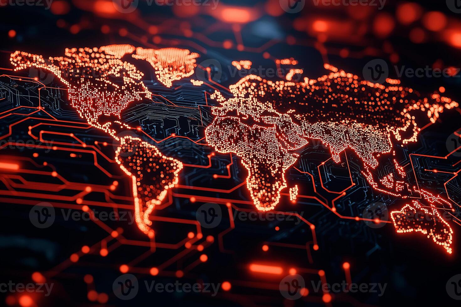 Abstract digital world map with glowing red connections, representing global technology and data flow. intricate design highlights interconnected networks and modern communication photo
