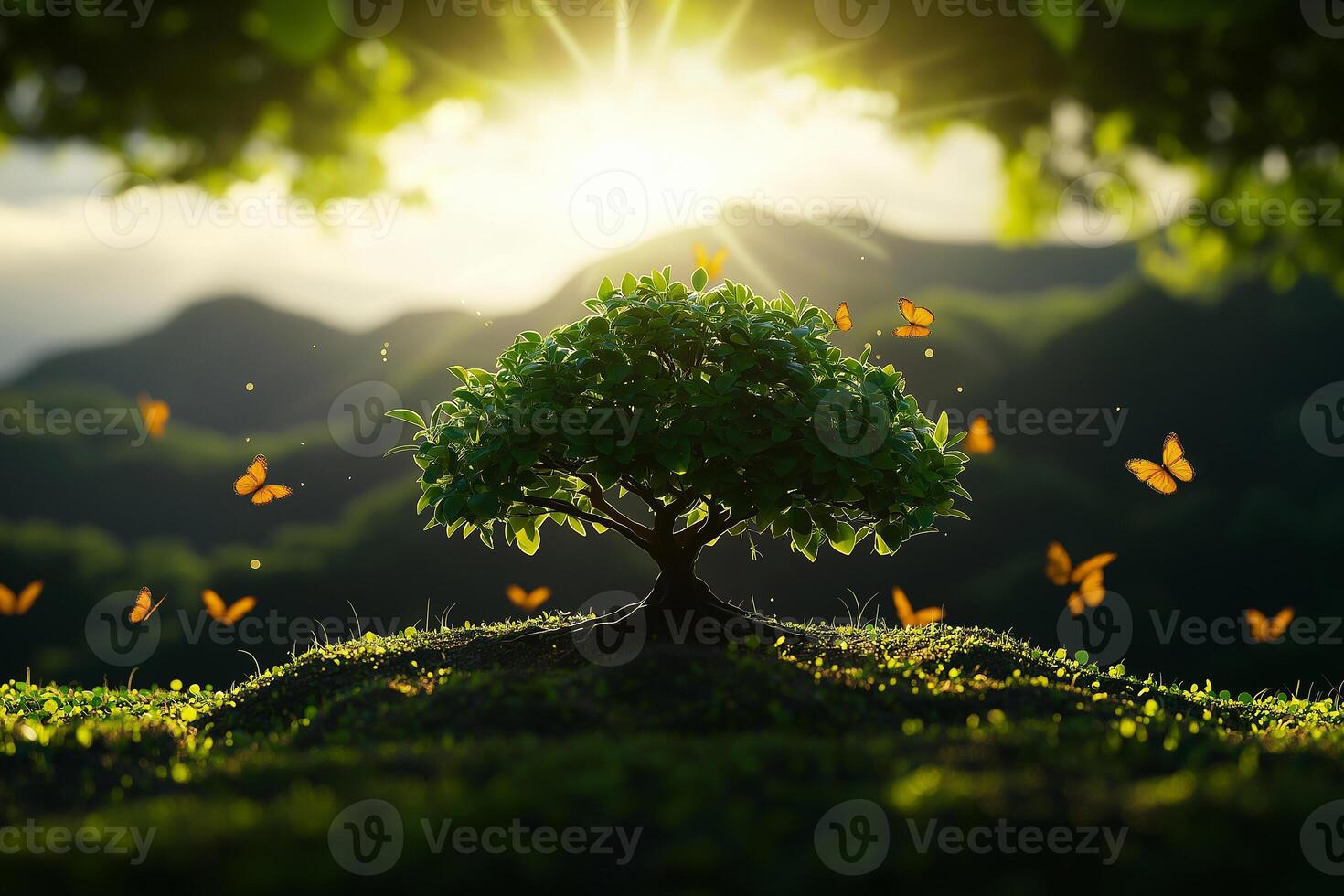 serene bonsai tree stands in lush forest, surrounded by butterflies, illuminated by warm sunset. scene evokes tranquility and harmony with nature photo