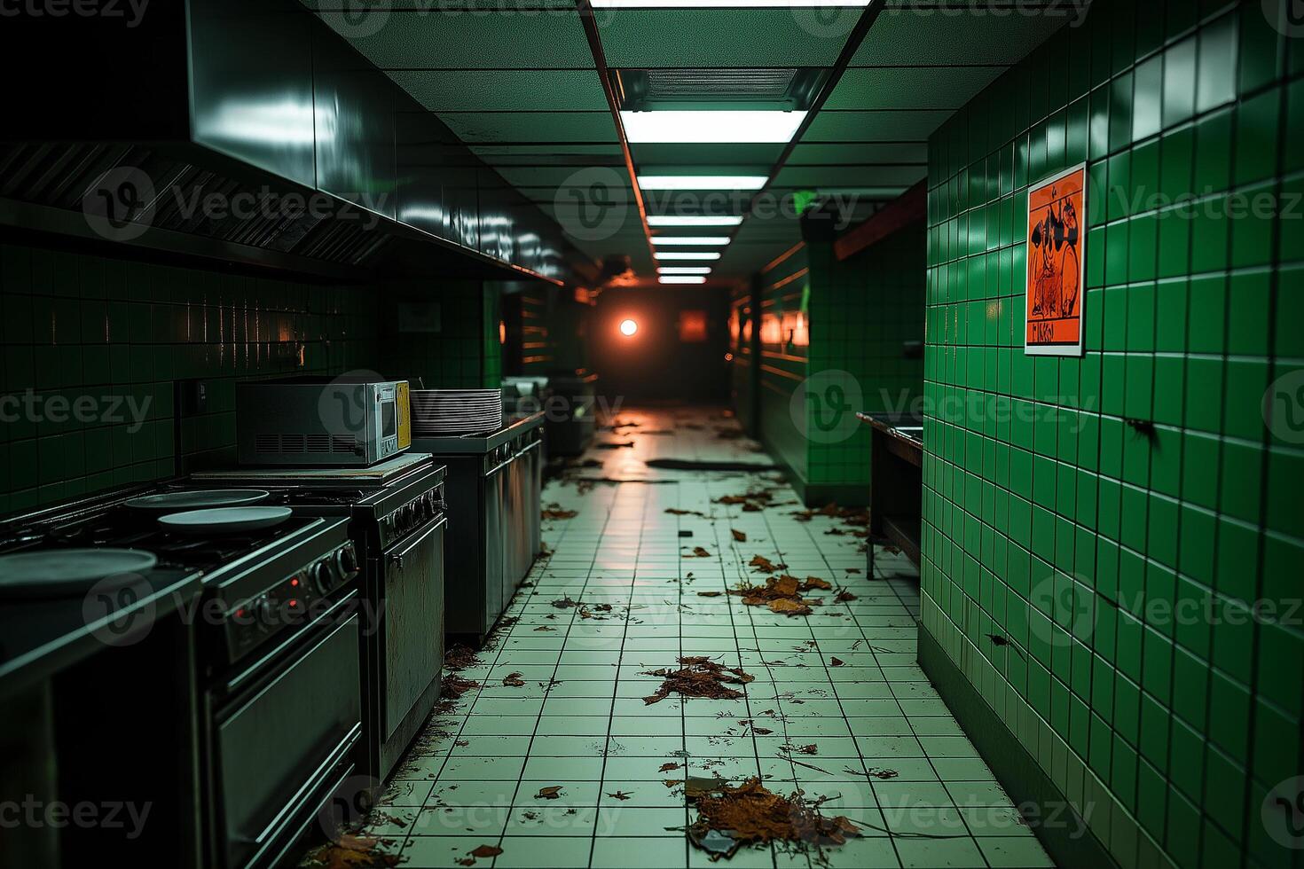 dirty and rusty commercial kitchen interior with green tiles, abandoned appliances, and fallen leaves scattered on floor. dim lighting creates haunting atmosphere photo