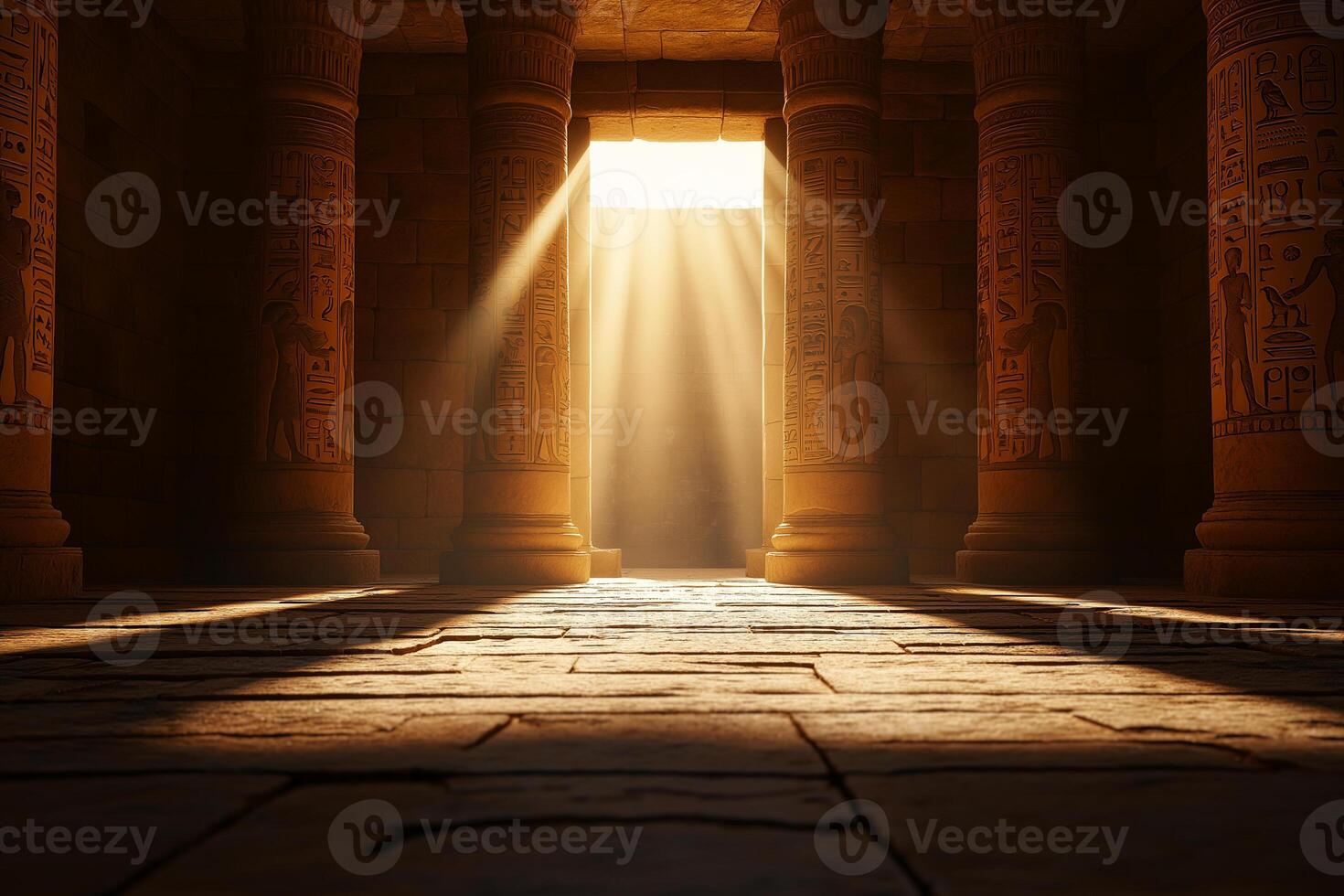 Ancient Egyptian temple interior with illuminated columns and hieroglyphs, showcasing mystical atmosphere. Sunlight streams through entrance, enhancing historical ambiance photo