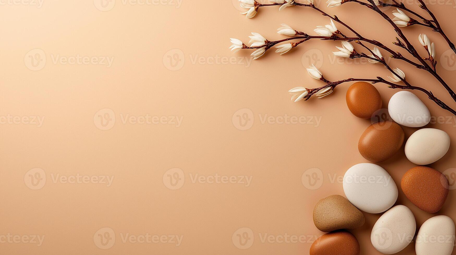 Natural eggs and decorative branches on beige background create serene and calming atmosphere, perfect for spring or Easter themes photo