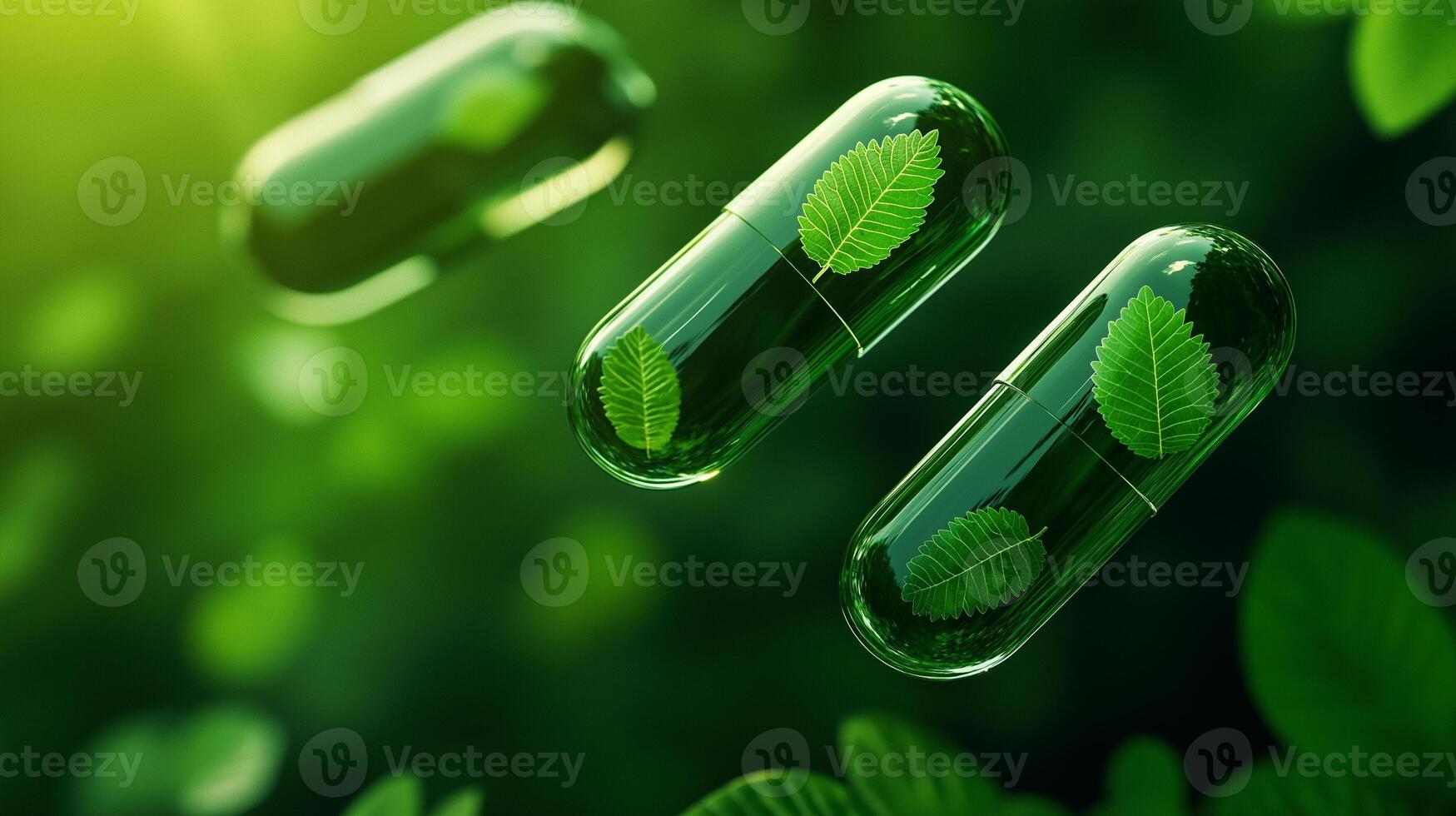 Three transparent green capsule pills with leaves inside, floating in lush green environment, symbolizing natural health and wellness photo