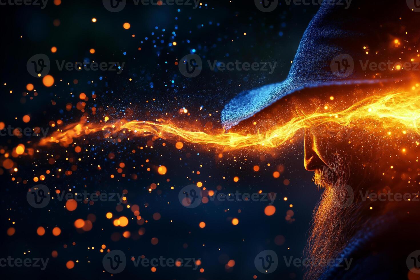 wizard with long beard and hat is casting powerful spell, surrounded by vibrant sparks and glowing energy. scene evokes sense of magic and wonder photo