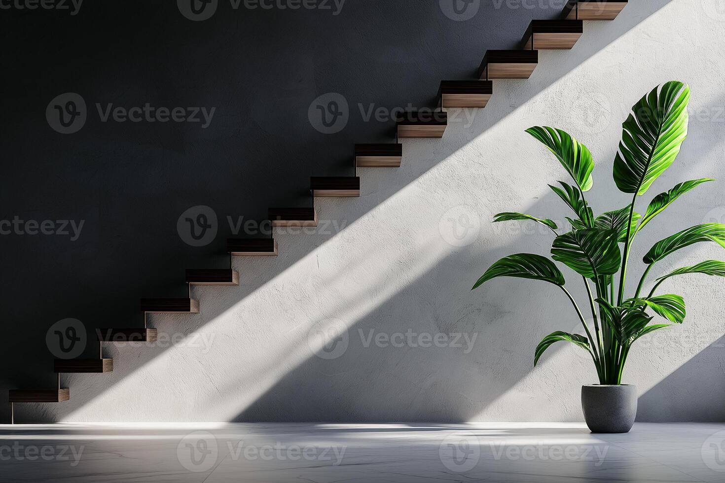 modern staircase with wooden steps casts shadows on textured wall, complemented by vibrant green plant in pot, creating serene and stylish atmosphere photo