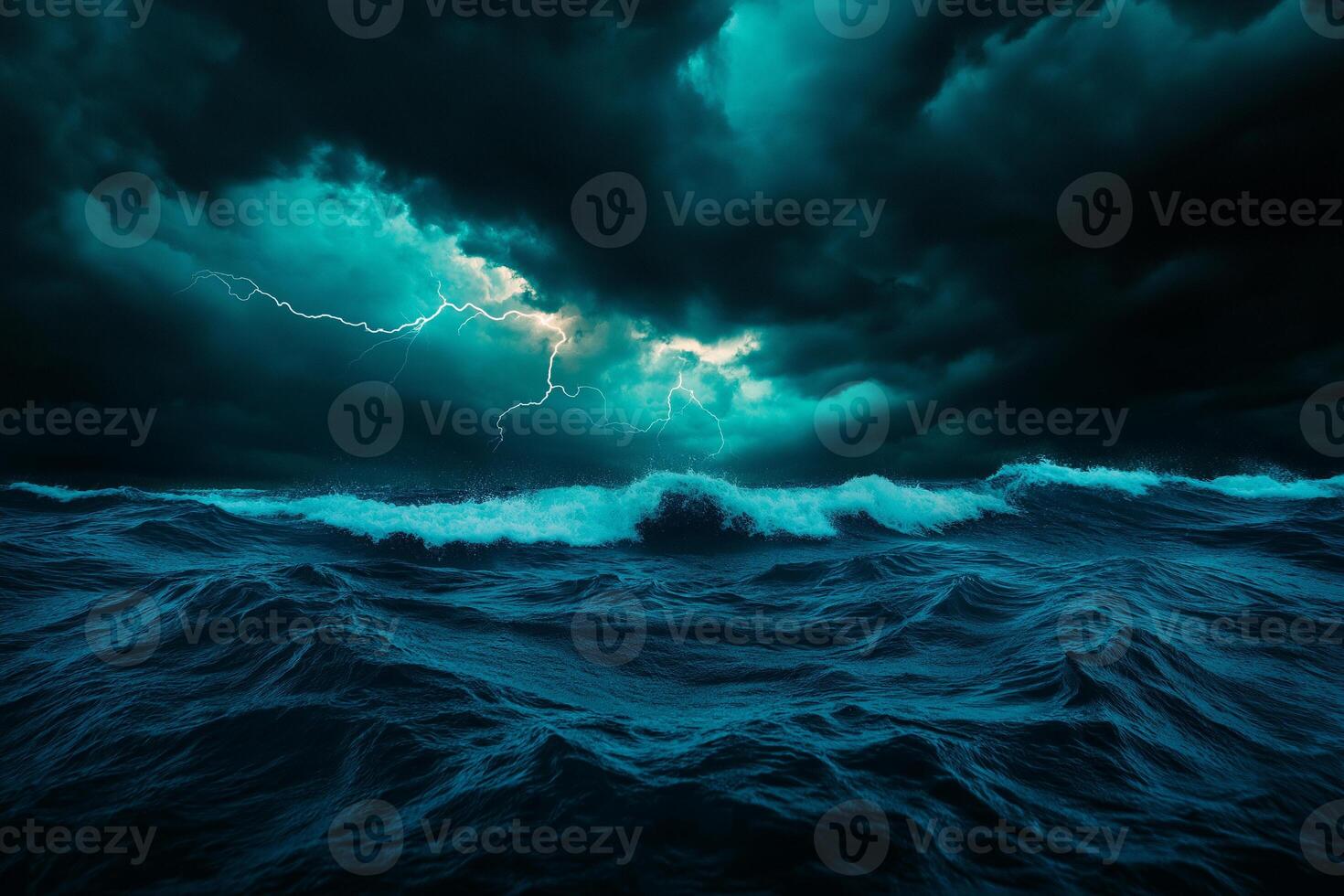 Dramatic stormy sea with dark clouds and lightning illuminating waves, creating powerful and intense atmosphere. Nature fury on display in captivating scene photo