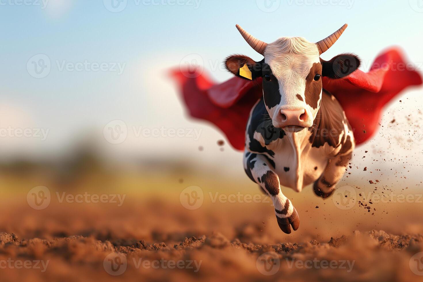 cow wearing red cape runs energetically across dirt field, showcasing whimsical and playful scene. vibrant colors and dynamic motion evoke sense of fun and adventure photo