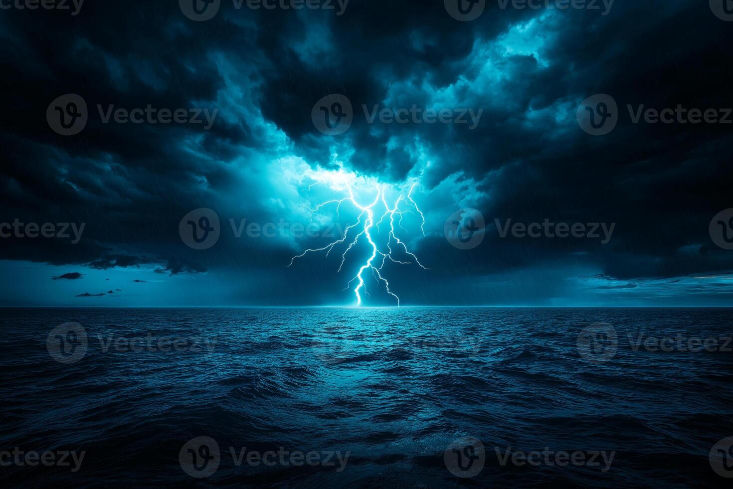 dark stormy sea with dramatic lightning illuminating sky, creating powerful and intense atmosphere. turbulent waves reflect ominous clouds above photo