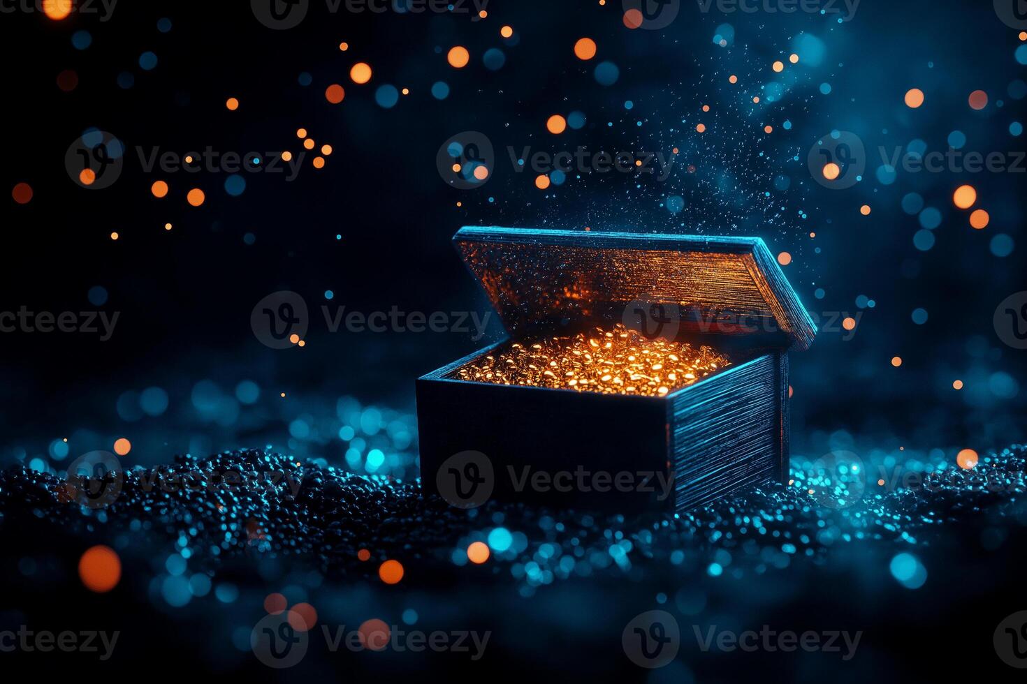 treasure chest filled with gold glimmers in dark, mystical setting, surrounded by sparkling particles and blue glow, evoking sense of wonder and adventure photo