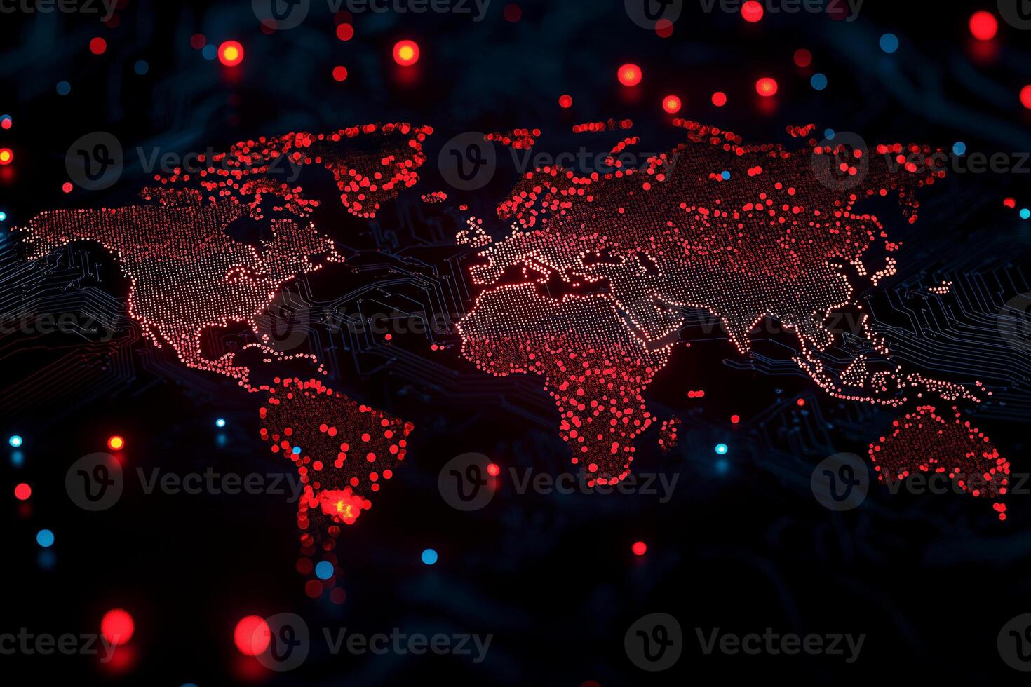 Digital world map with glowing red and blue dots representing technology and cybersecurity. intricate design highlights global connectivity and data flow photo