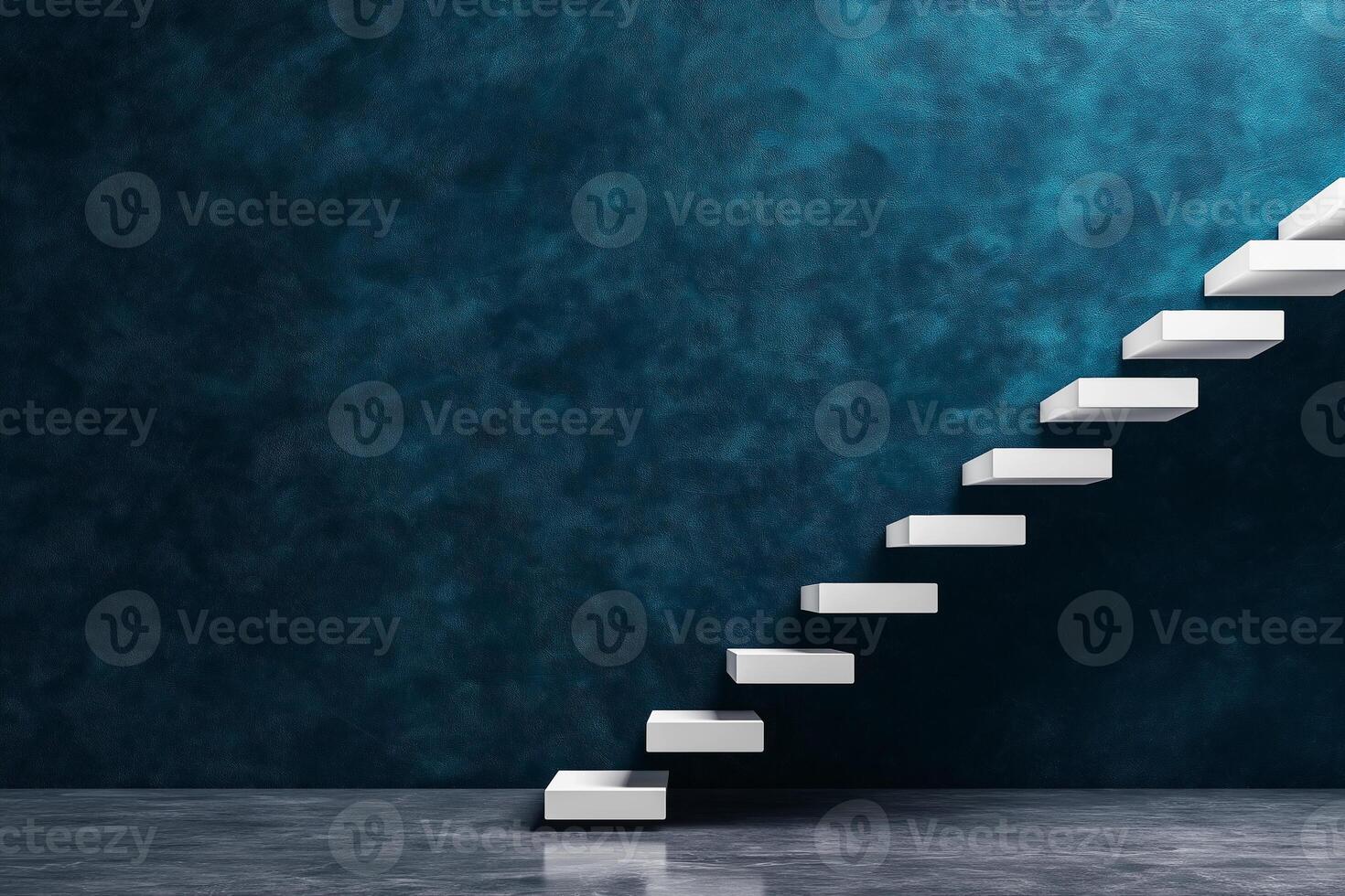 Modern abstract background featuring minimalist staircase against textured blue wall, creating serene and inviting atmosphere photo