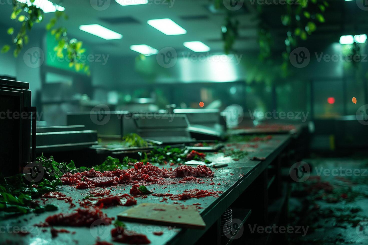 dirty and abandoned restaurant kitchen with rusted equipment, scattered food, and dim lighting creates haunting atmosphere. neglected space evokes feelings of decay and loss photo