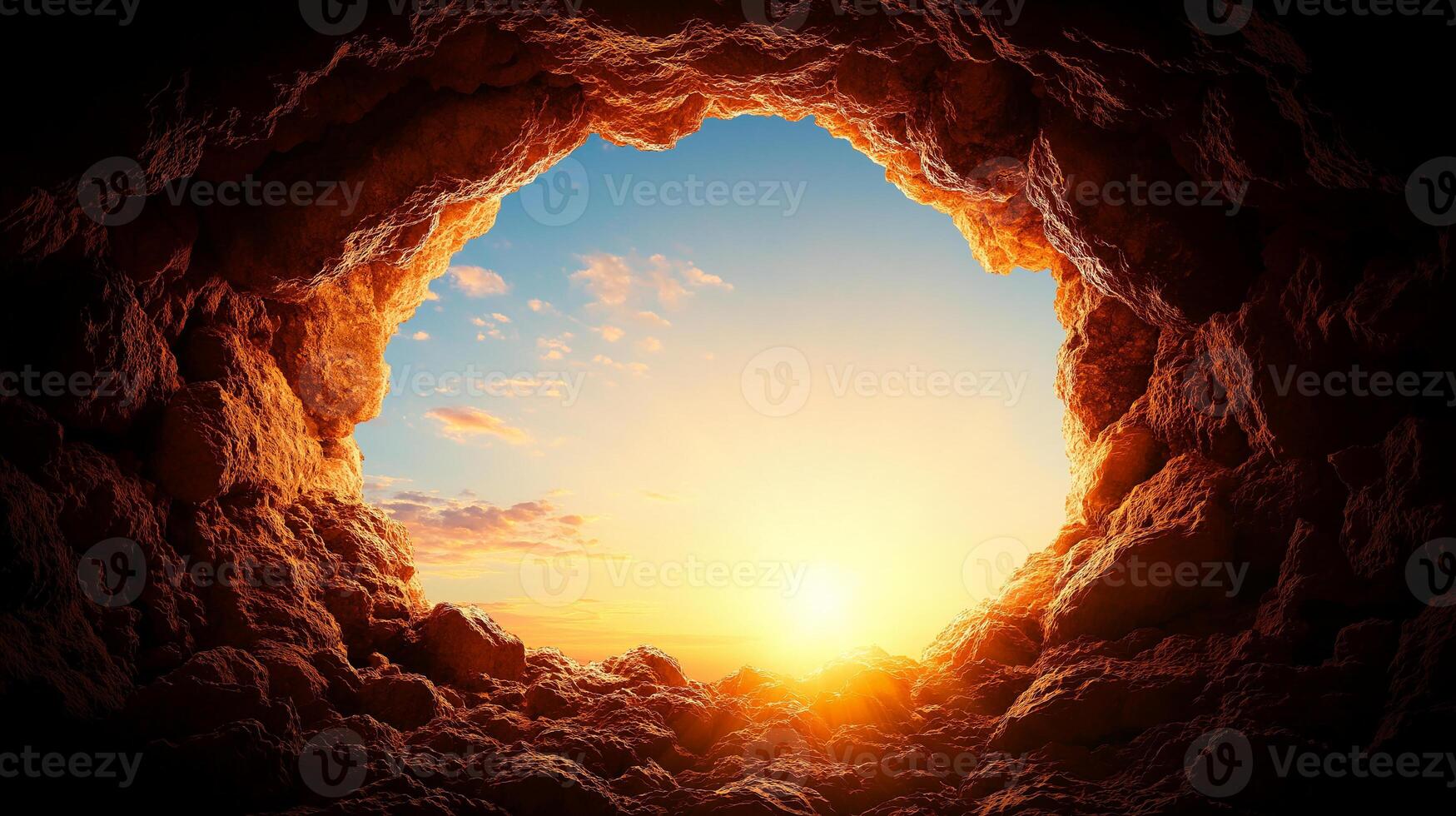 Cave entrance with rock formations and beautiful sunset view. warm sunlight illuminates cave, creating serene and tranquil atmosphere photo