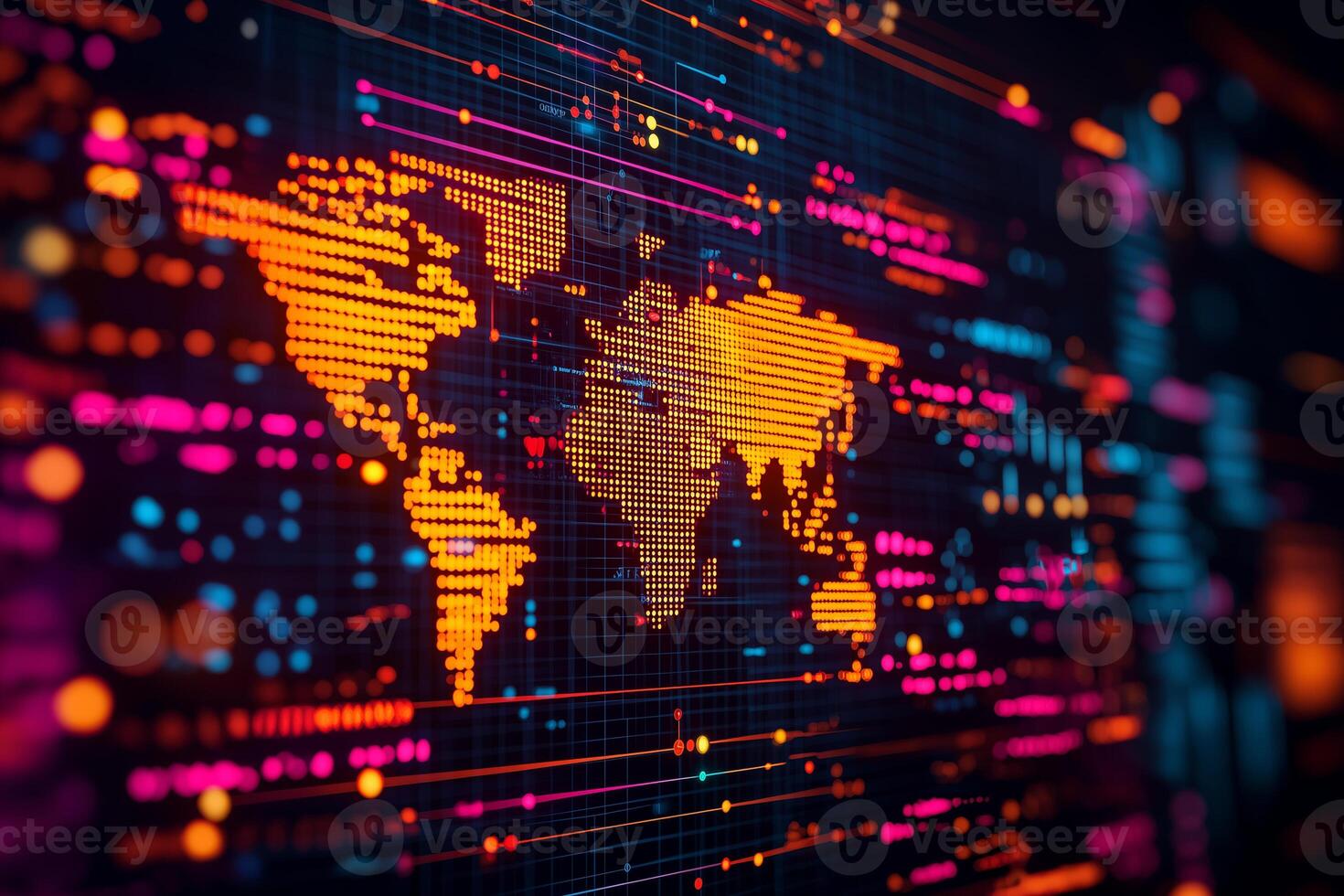 Digital world map with global connectivity, vibrant colors, and network patterns. This represents interconnectedness of technology and information photo