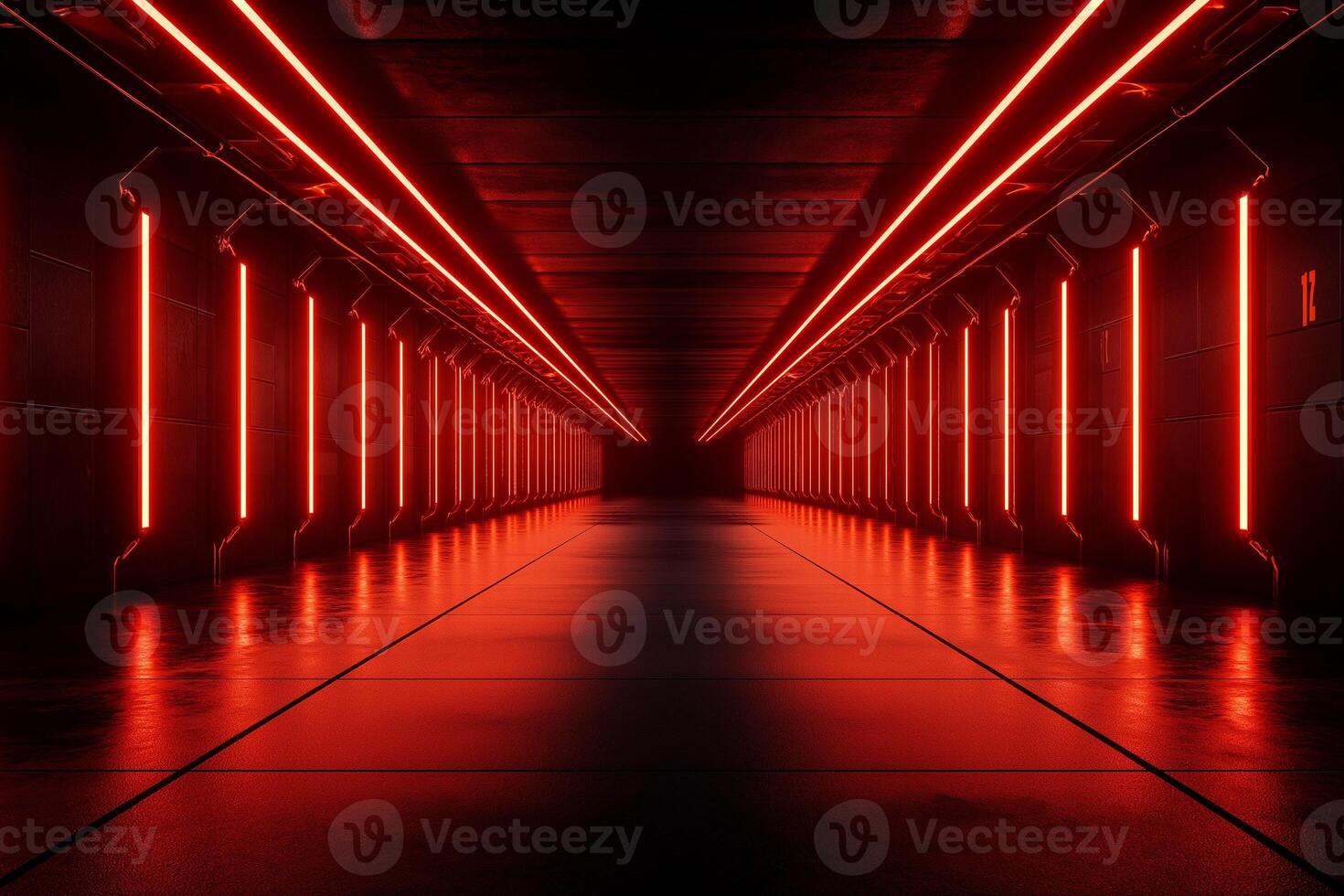 Futuristic tunnel with glowing orange neon lights, sleek walls, and reflective floor creates dramatic atmosphere. Perfect for sci fi themes and modern design photo
