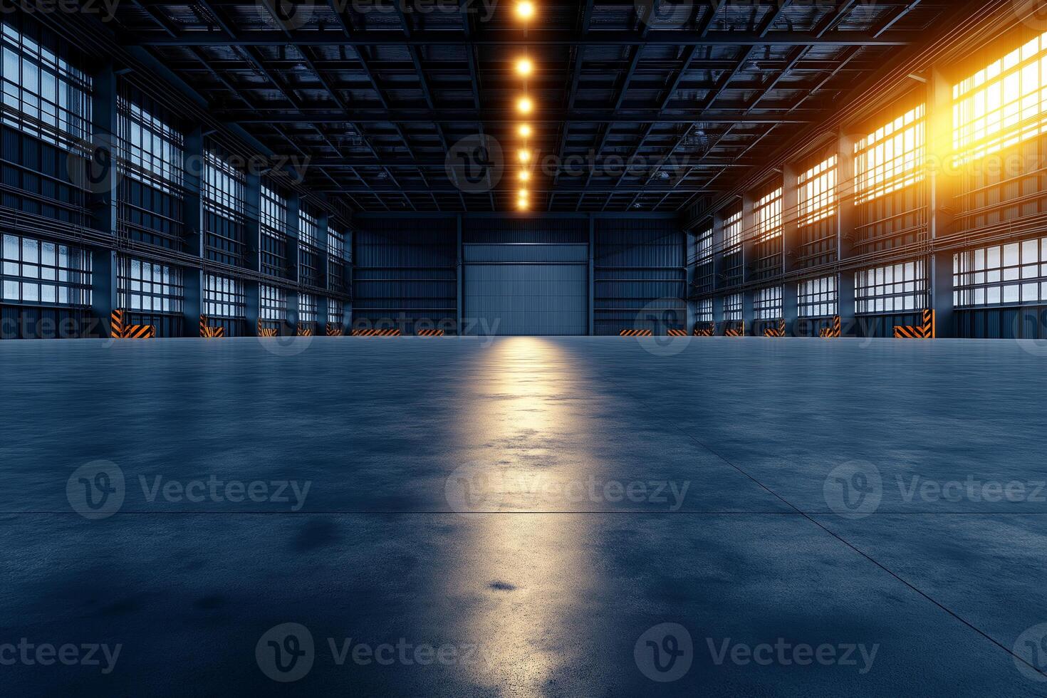 spacious industrial hangar with steel walls and polished concrete floor, illuminated by warm light from large windows. atmosphere is calm and inviting photo