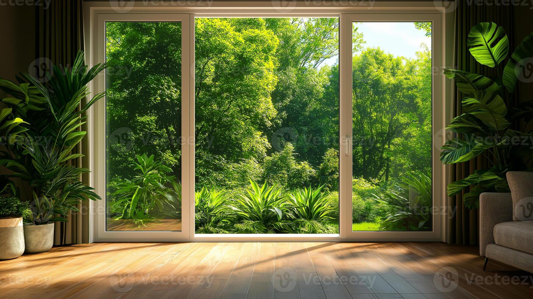 bright living room with large windows showcasing lush green garden view. space features wooden flooring, potted plants, and cozy sofa, creating serene atmosphere photo