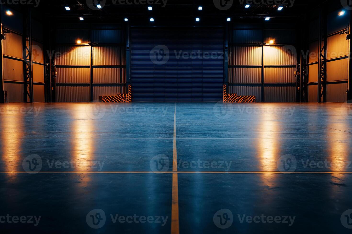 spacious industrial hangar with large metal door, featuring clean, polished floor and warm lighting. atmosphere is calm and organized, ideal for various activities photo