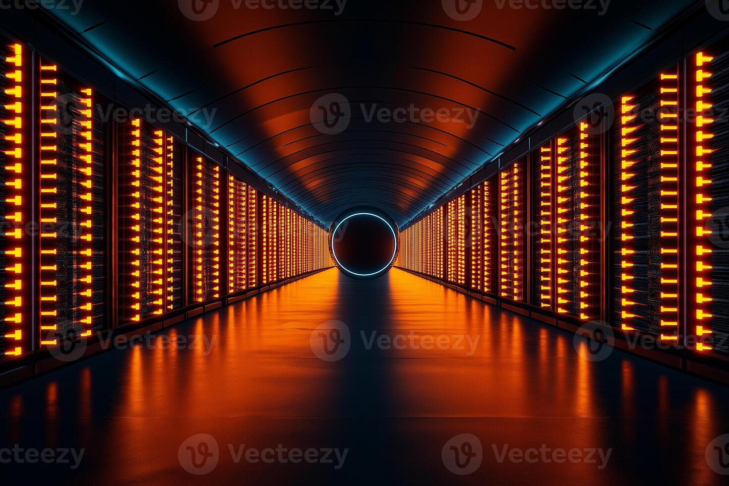 futuristic corridor with glowing orange lights and circular portal at end creates captivating atmosphere. sleek design and vibrant colors evoke sense of advanced technology and mystery photo