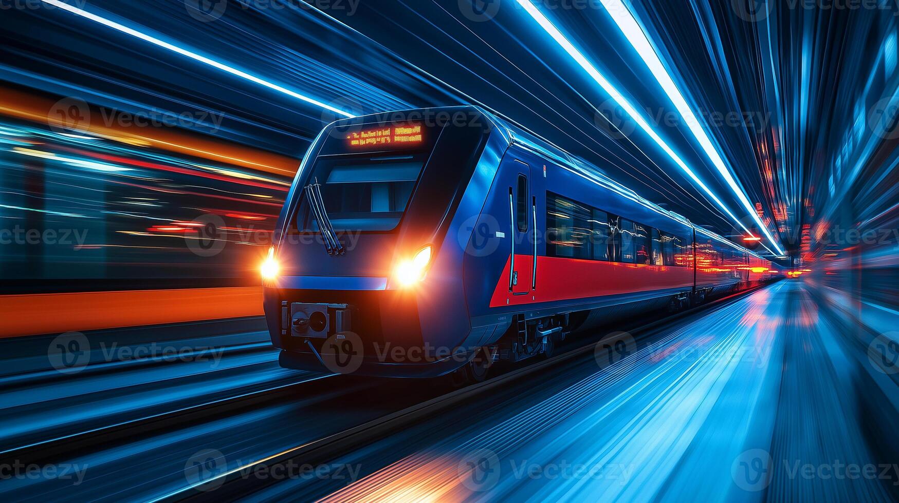 High speed train in motion with blue and red design, creating dynamic blur effect. scene captures essence of speed and modern transportation photo