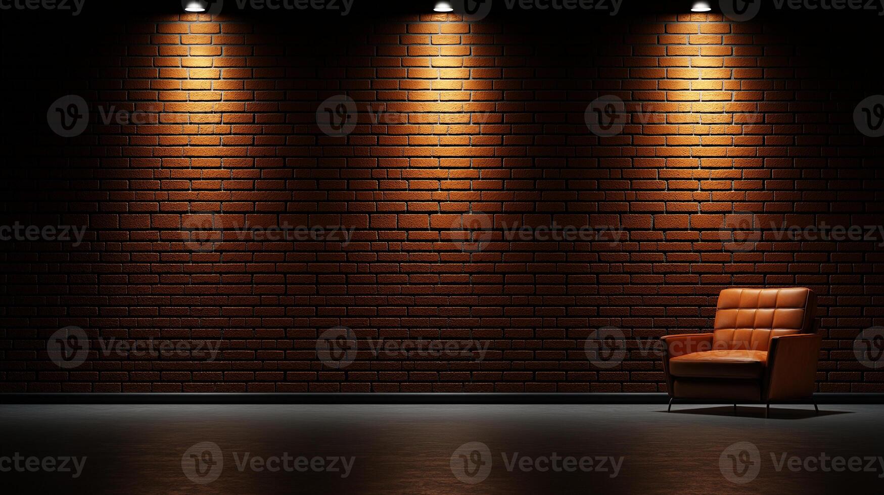 cozy orange chair against textured brick wall, illuminated by three spotlights, creates warm and inviting atmosphere photo