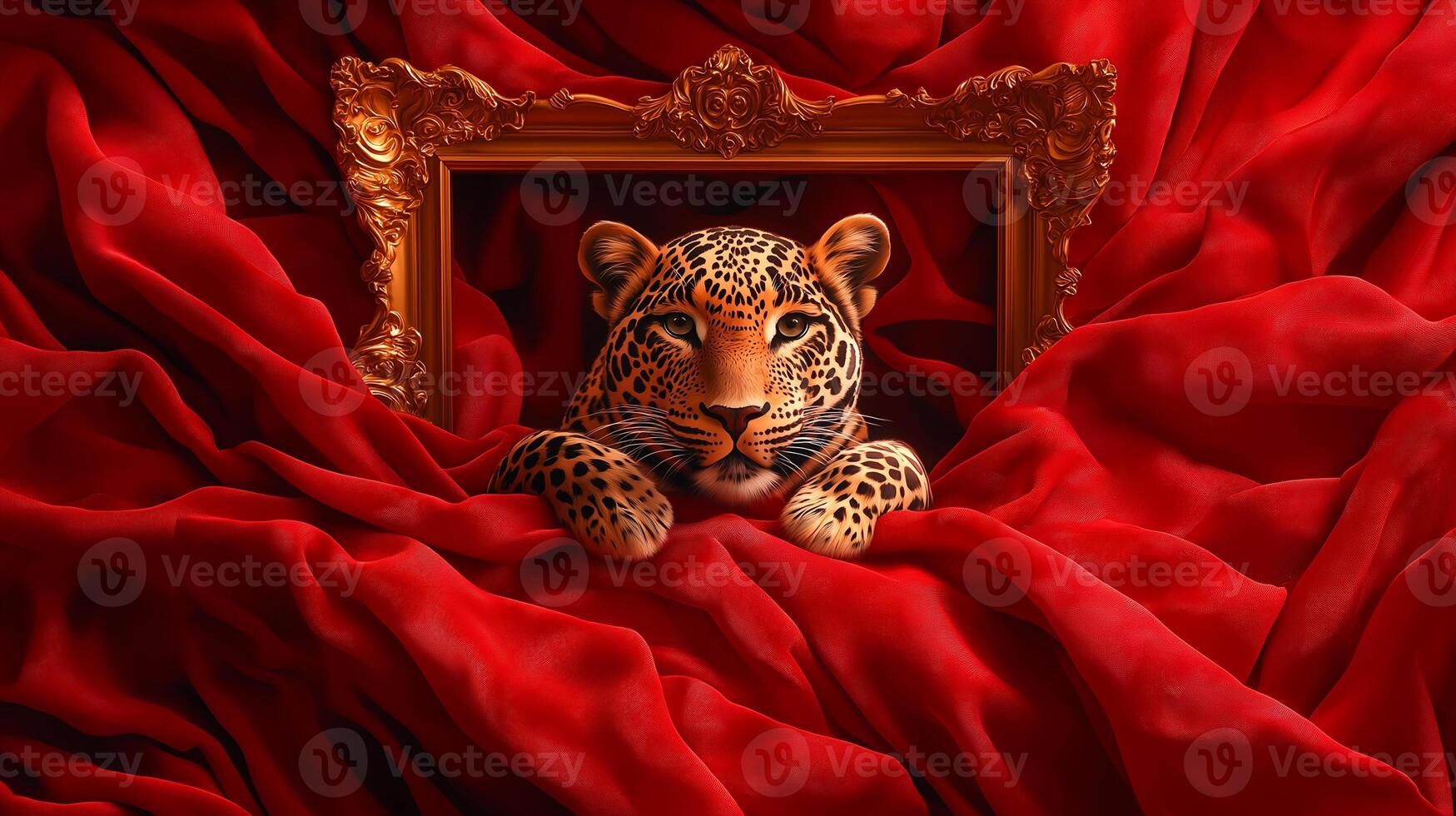 hyper realistic digital painting of leopard framed by luxurious red fabric, exuding elegance and majesty. vibrant colors and intricate details create captivating visual experience photo