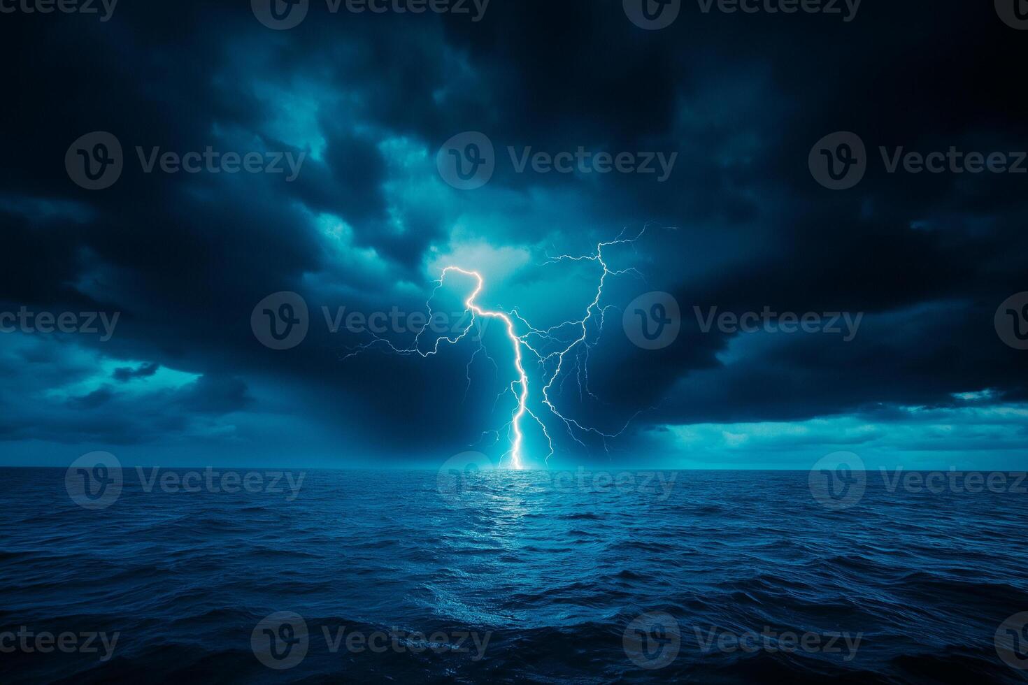 stunning photograph of dark stormy sea with lightning illuminating sky, creating dramatic and intense atmosphere turbulent waves reflect ominous clouds above photo