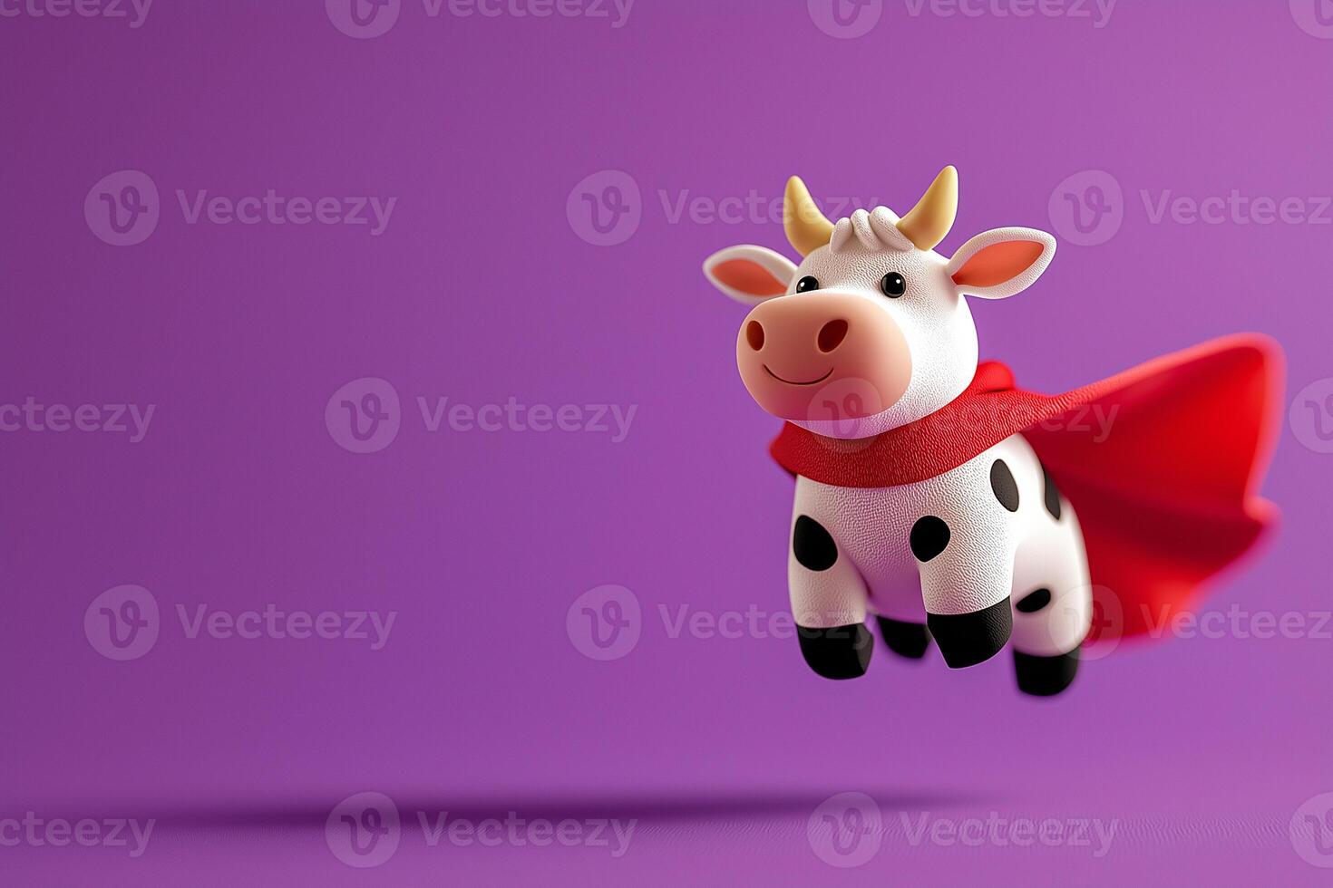 playful 3D render of flying cow wearing red cape against vibrant purple background, evoking sense of fun and imagination photo