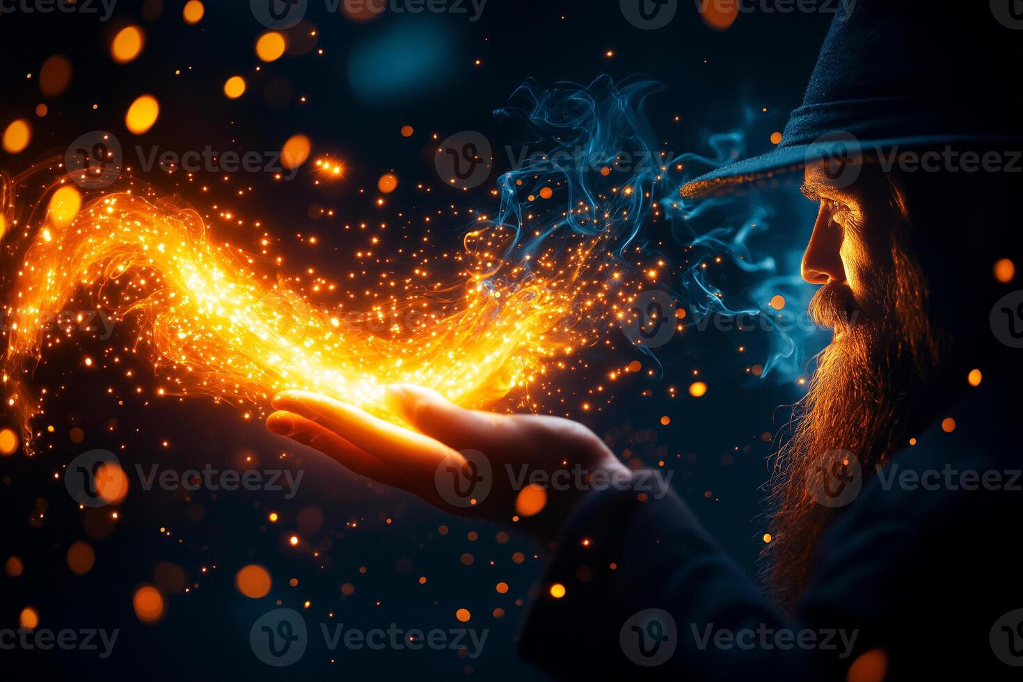 wizard with long beard and hat conjures powerful spell, surrounded by glowing sparks and swirling smoke. atmosphere is magical and enchanting, evoking sense of wonder photo