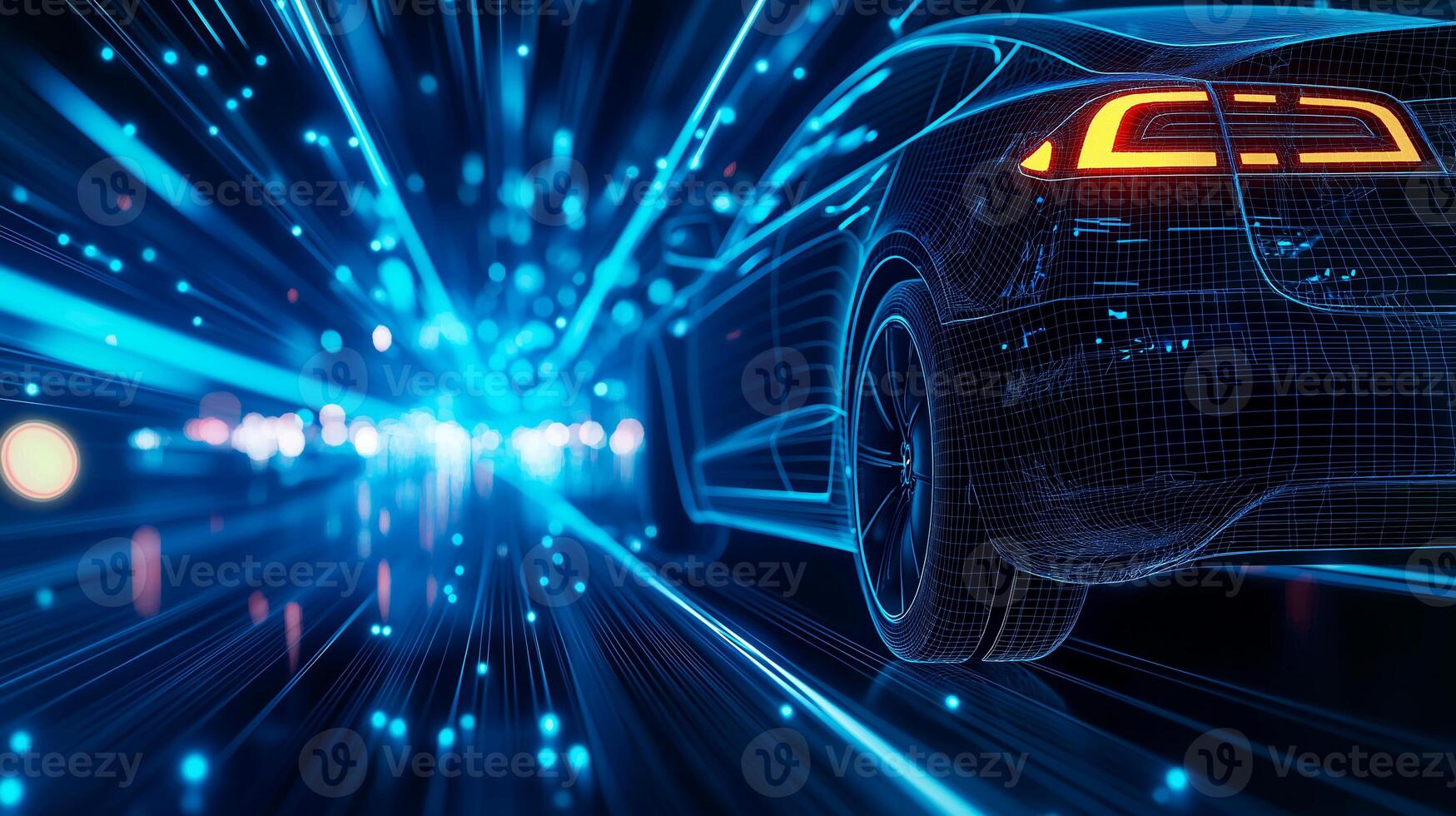 wireframe hologram of electric car in motion, showcasing dynamic light trails and futuristic background. image evokes sense of speed and innovation photo