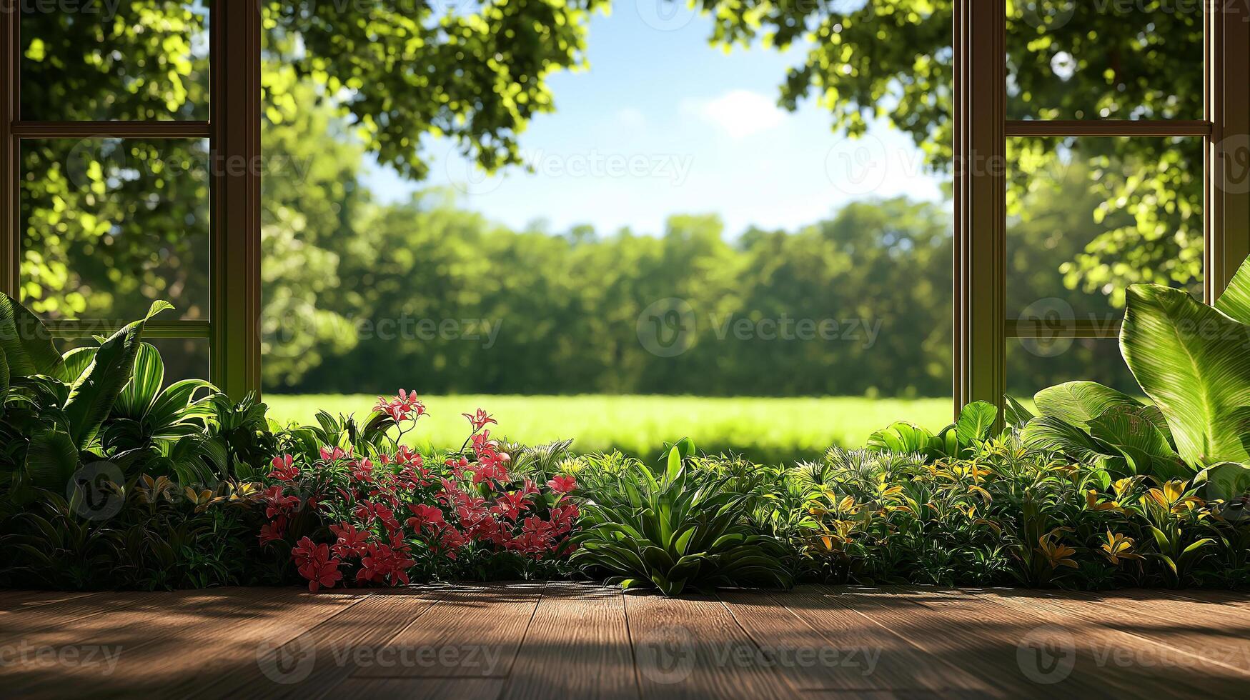 serene view of modern garden with vibrant flowers and lush greenery, framed by open windows, inviting nature indoors photo