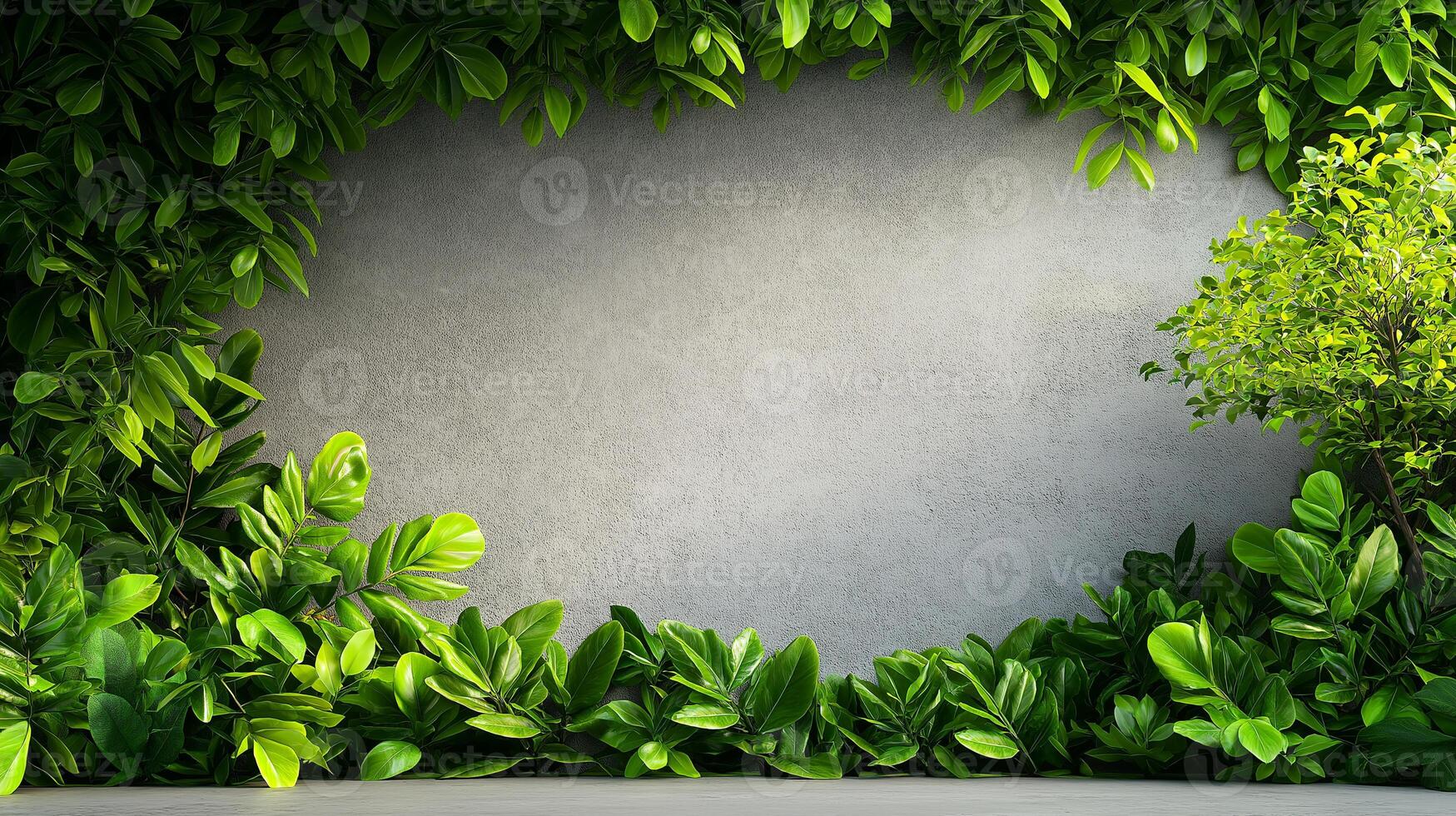 Minimal garden with lush green foliage surrounding concrete wall, creating serene and tranquil atmosphere. Perfect for nature inspired designs photo