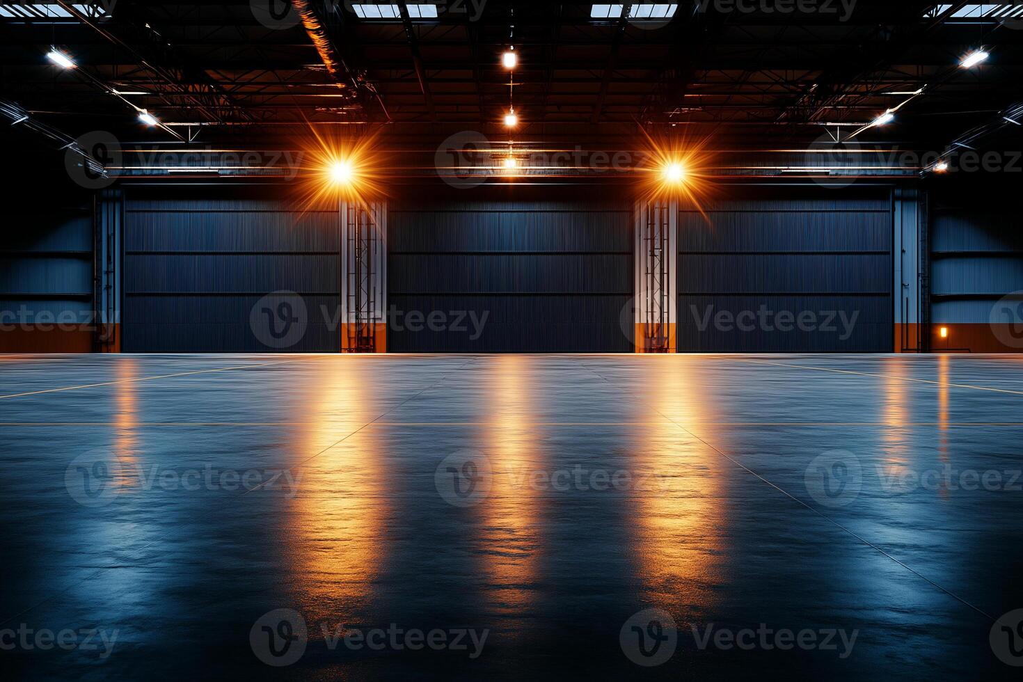 spacious industrial hangar with large steel doors and polished concrete floor, illuminated by warm overhead lights creating dramatic atmosphere photo