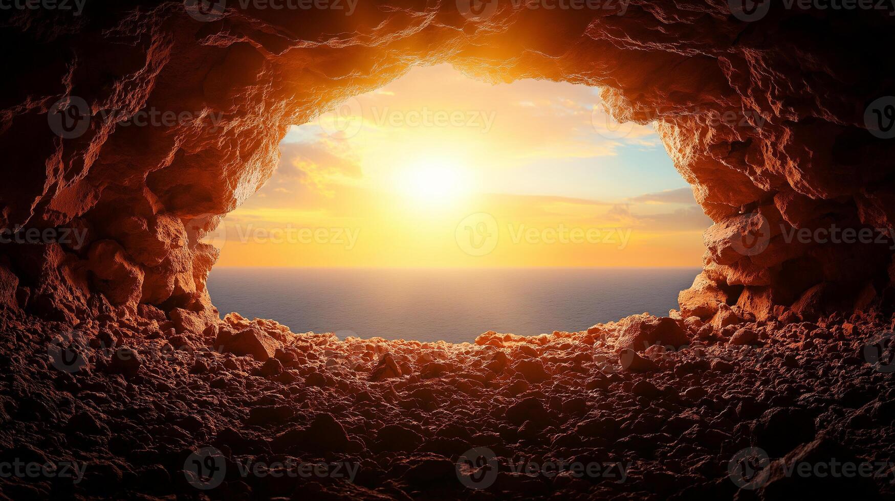 Cave entrance with rock formations, revealing stunning sunset over ocean. warm glow of sun illuminates cave, creating serene and tranquil atmosphere photo