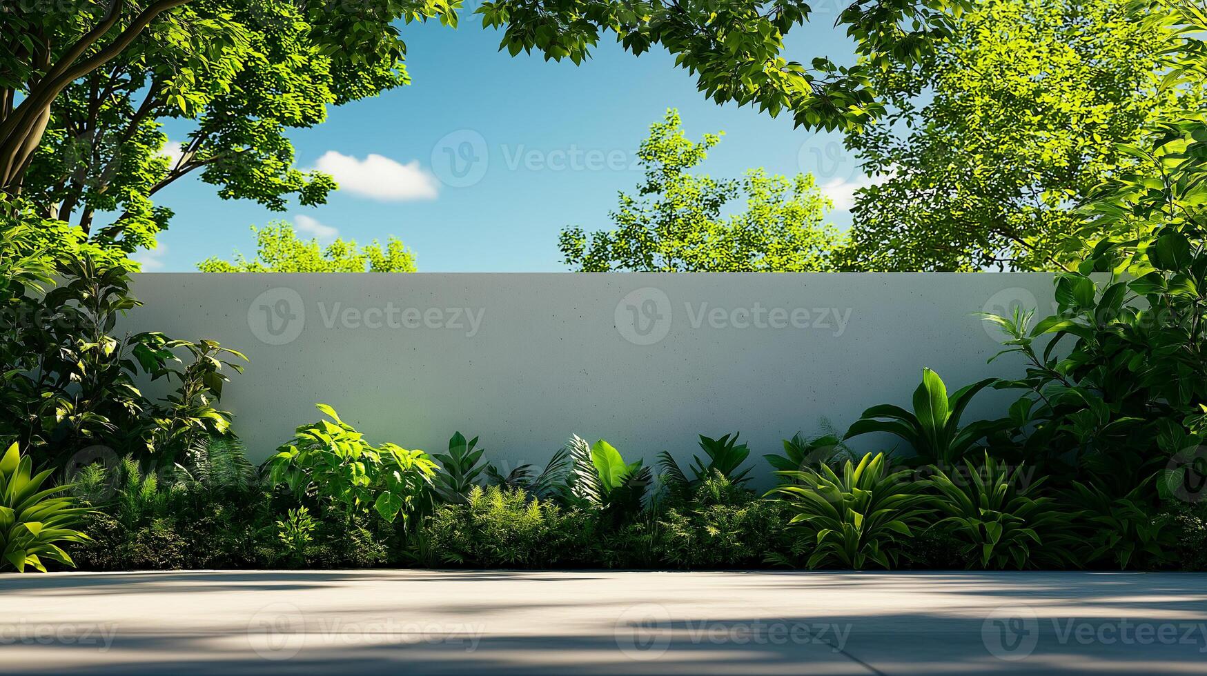 serene outdoor scene featuring modern concrete wall surrounded by lush greenery and vibrant plants under clear blue sky. tranquil atmosphere invites relaxation and contemplation photo