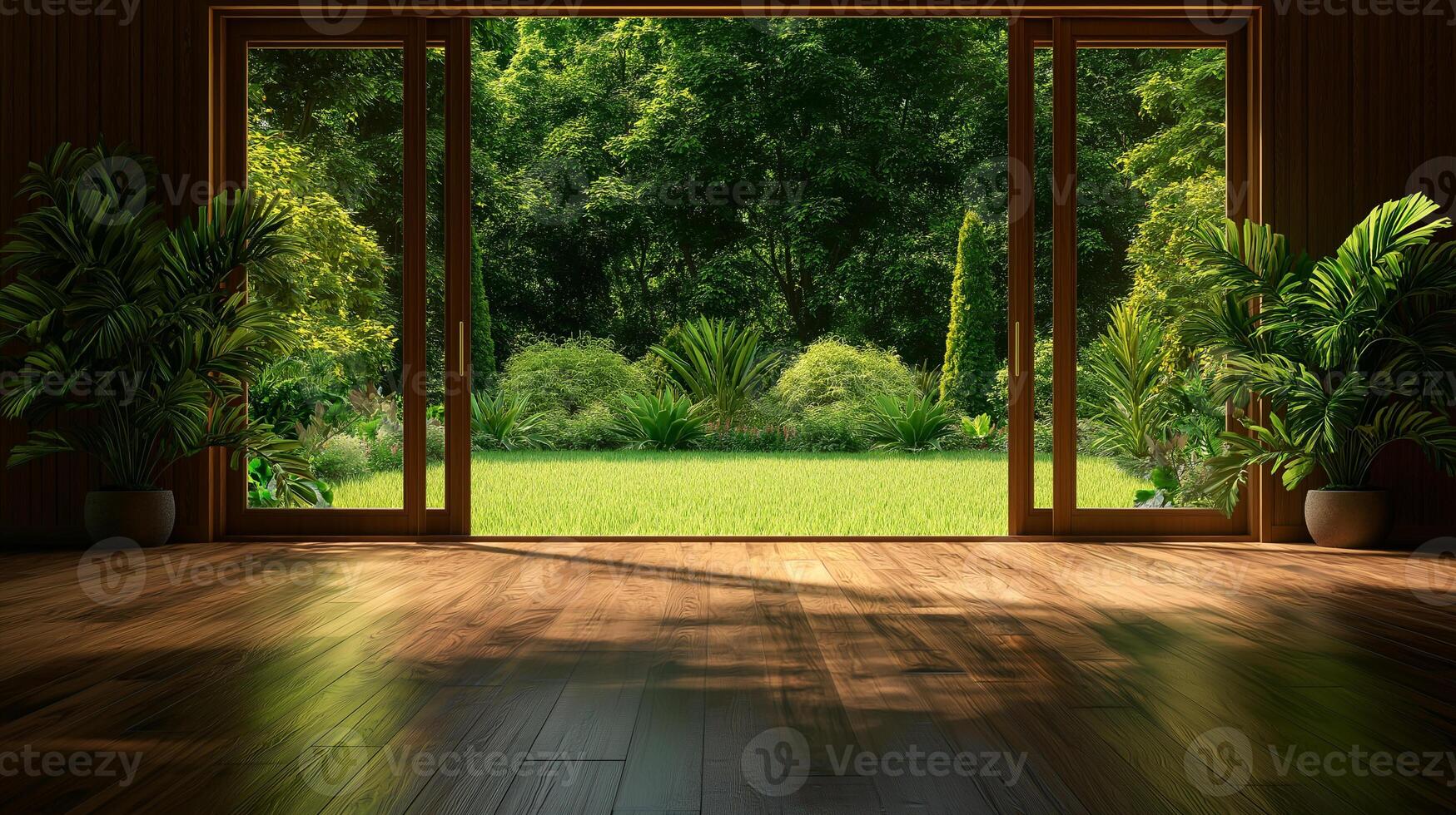 serene wooden terrace opens to lush garden, showcasing vibrant greenery and plants. sunlight casts gentle shadows, creating peaceful atmosphere photo