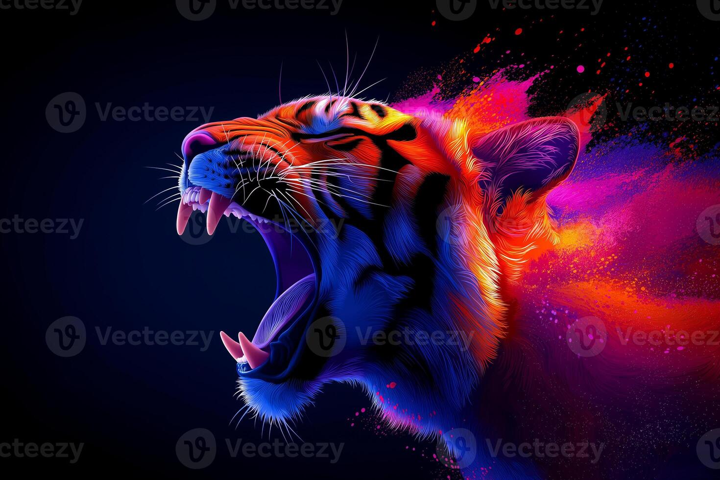 colorful tiger roaring in vibrant art style, showcasing dynamic splashes of color and intricate details. This artwork captures fierce essence of tiger photo