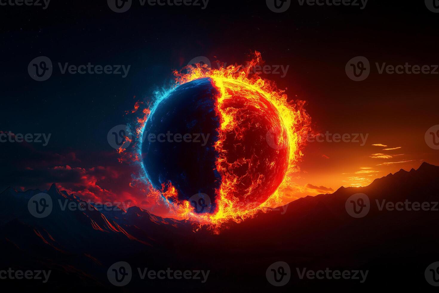 planet split in two, one side glowing red hot and other cool blue, set against dramatic sunset over mountains. scene evokes sense of cosmic contrast and beauty photo