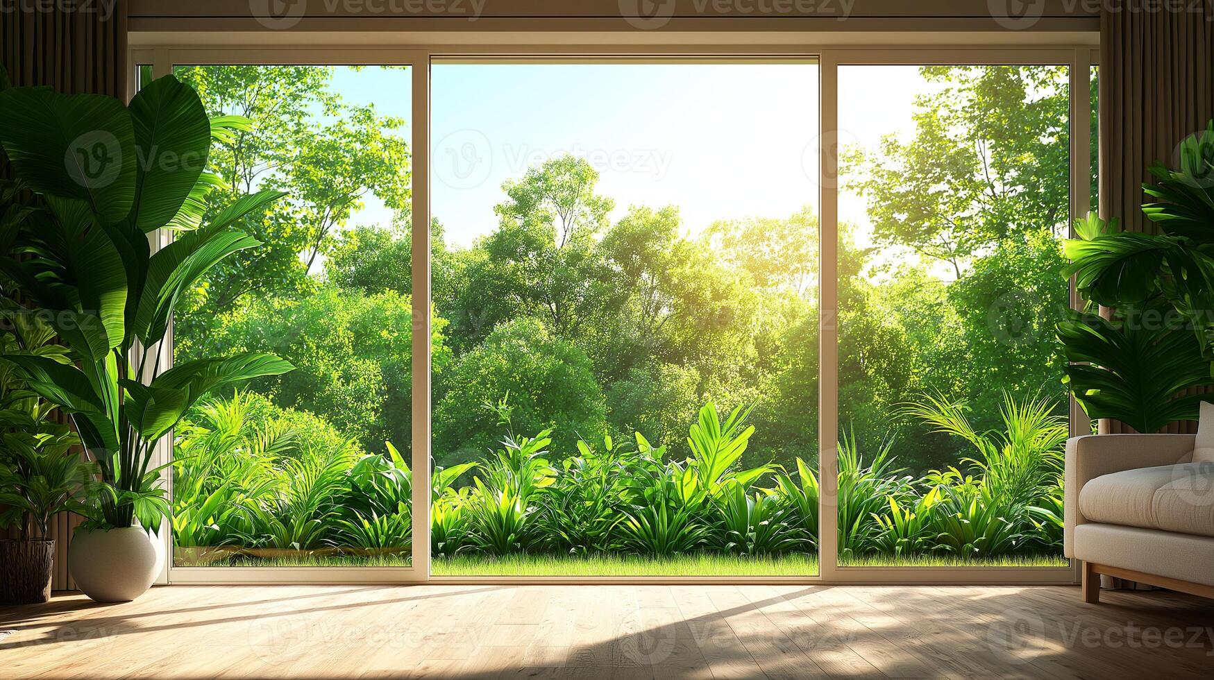 bright and airy living space featuring large windows that open to lush green garden. sunlight filters through trees, creating serene and inviting atmosphere photo