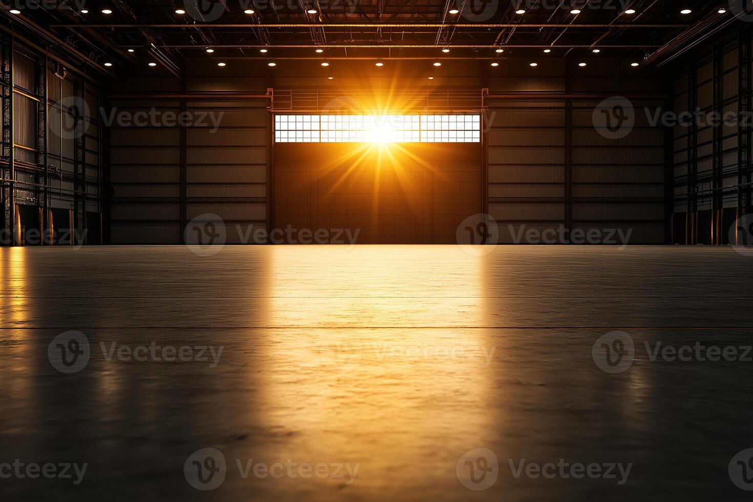 spacious industrial hangar with large metal door, illuminated by warm glow of setting sun. clean floor reflects light, creating serene atmosphere photo