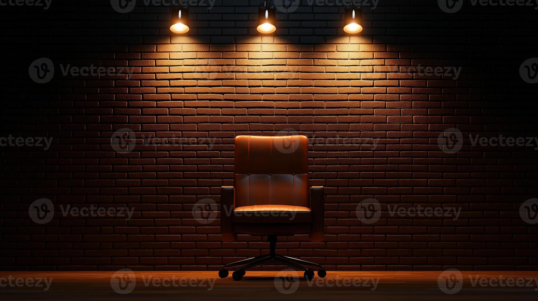 modern office chair illuminated by three spotlights against dark brick wall, creating dramatic atmosphere. warm lighting highlights chair design and texture photo
