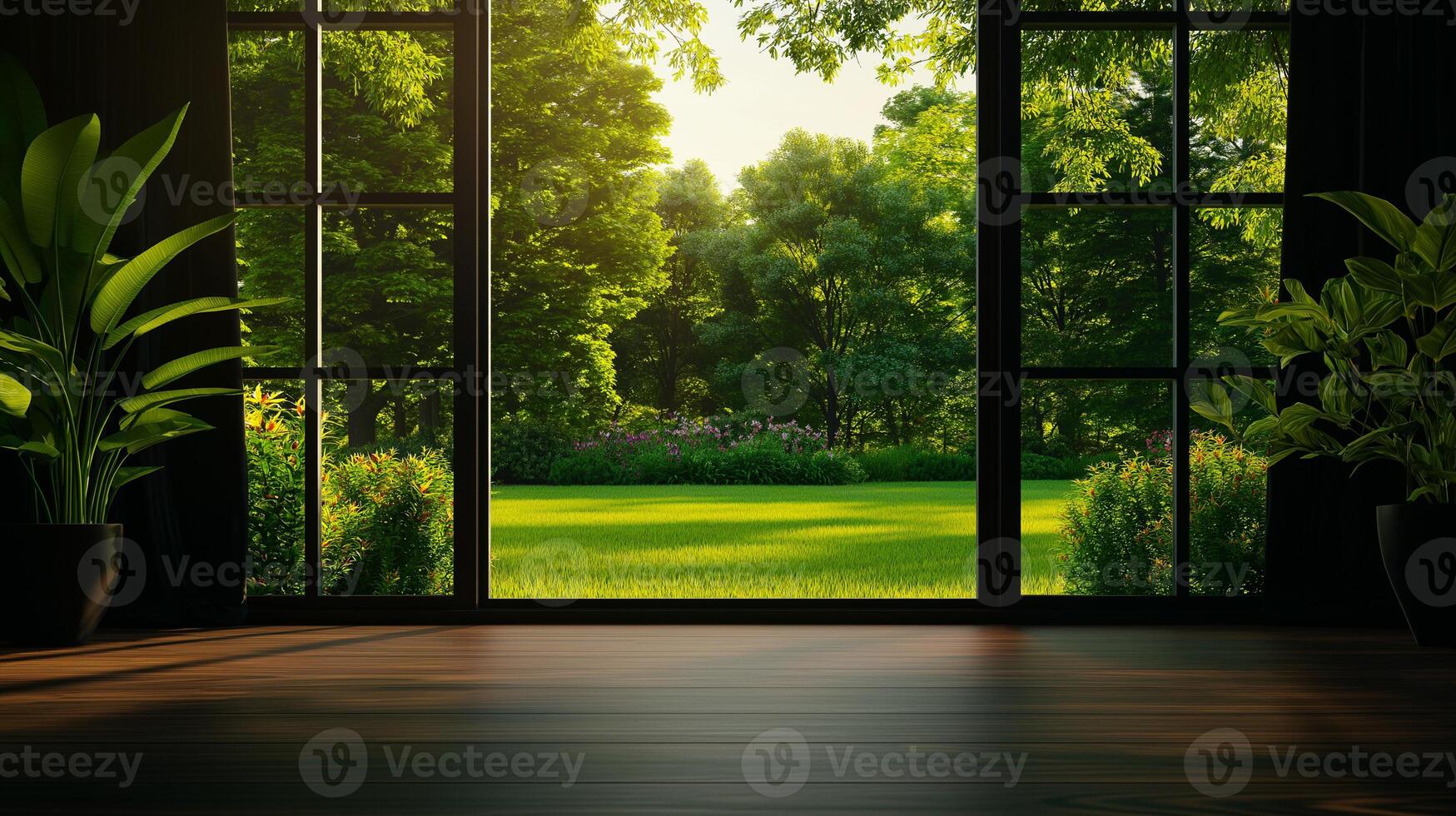 serene view of lush garden through large windows, showcasing vibrant greenery and sunlight filtering in, creating peaceful atmosphere photo