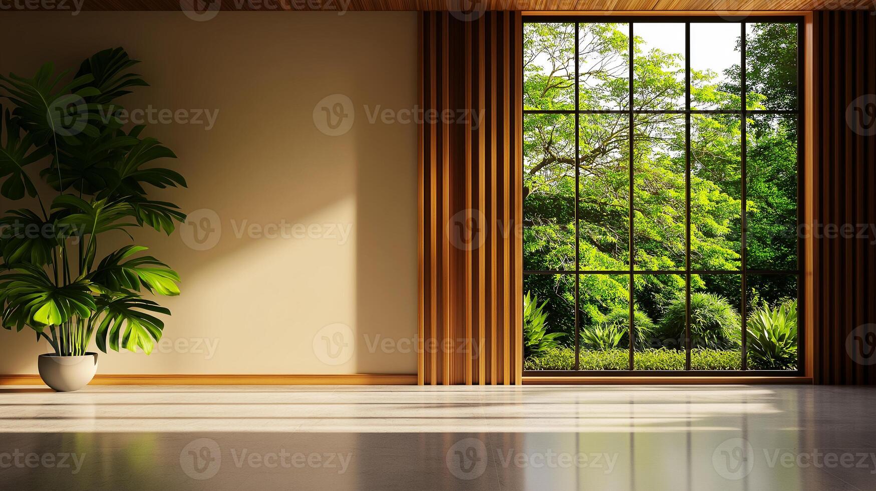 modern interior of empty living room featuring large window with view of lush greenery. space is illuminated by natural light, creating serene atmosphere photo