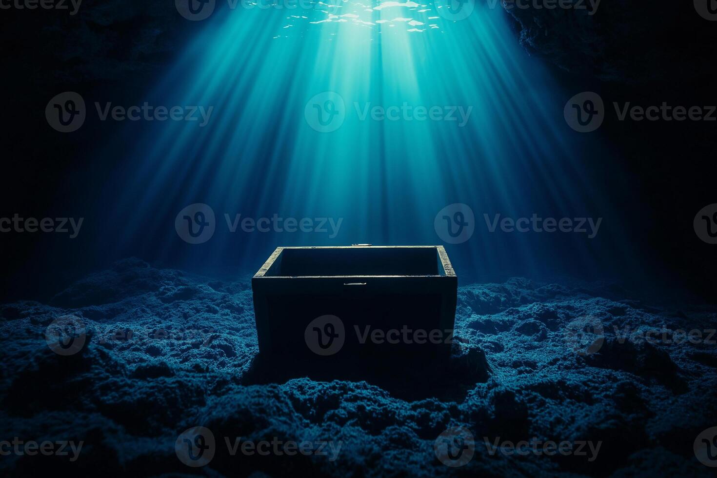 open treasure chest in center of underwater scene, illuminated by beams of light filtering through water. atmosphere is mysterious and enchanting, inviting exploration photo