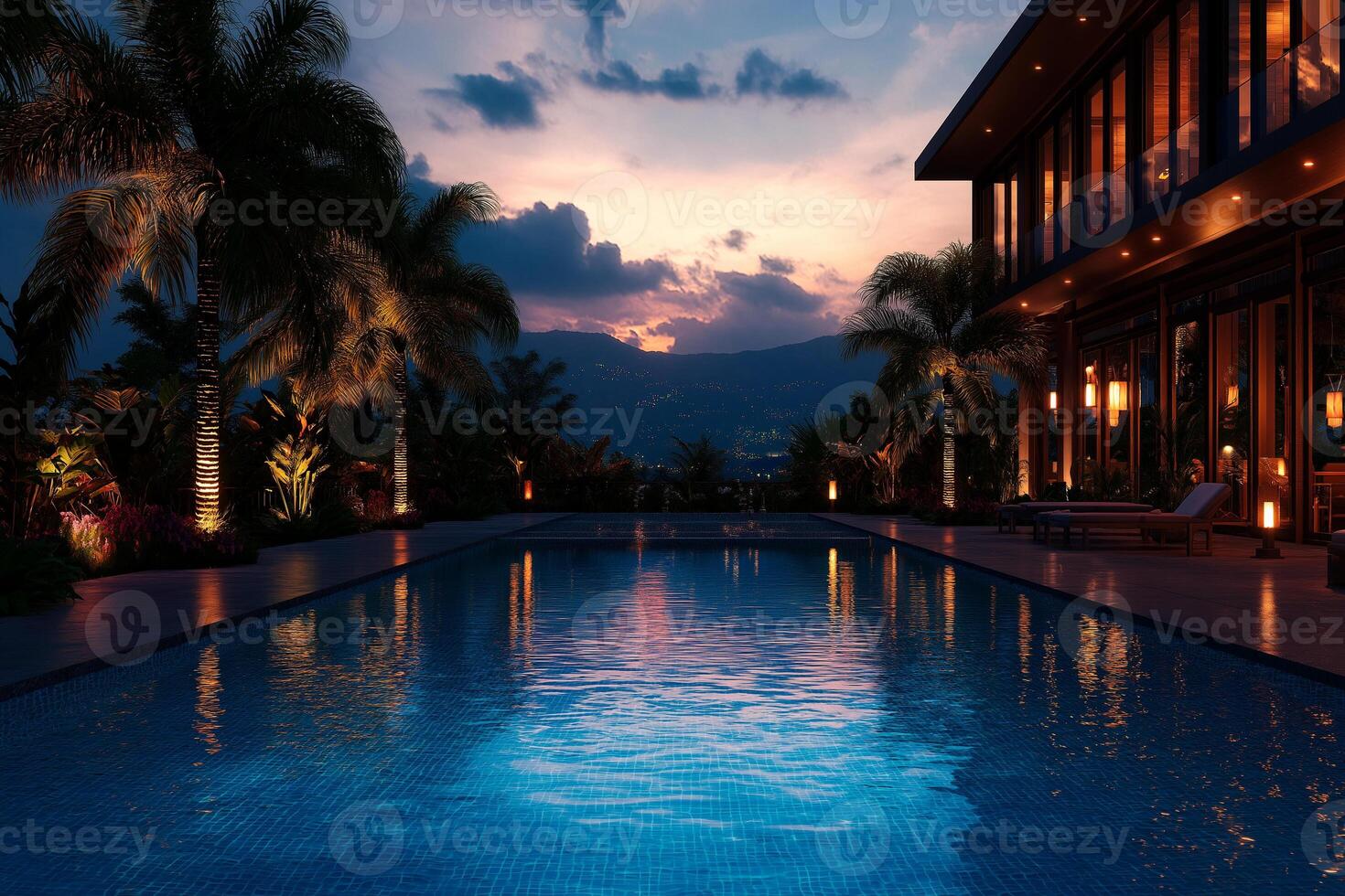 serene evening view of modern villa with outdoor swimming pool, surrounded by lush palm trees and vibrant landscaping. sunset casts warm glow over tranquil water, creating peaceful atmosphere photo