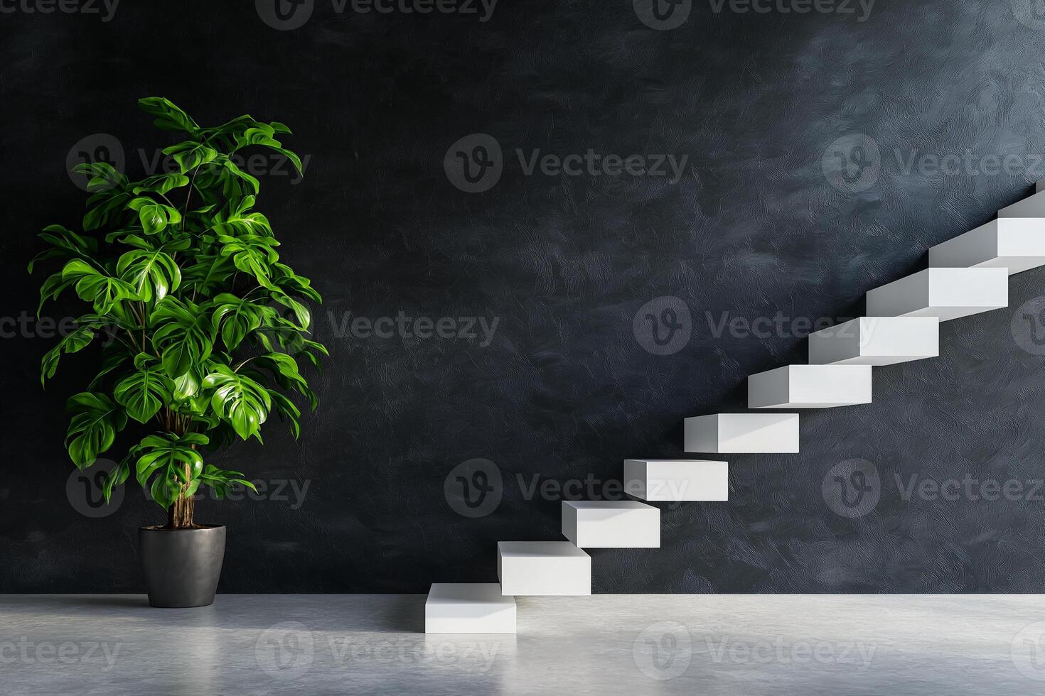 Modern staircase with potted plant against dark wall, creating serene atmosphere. minimalist design highlights contrast between greenery and sleek architecture photo