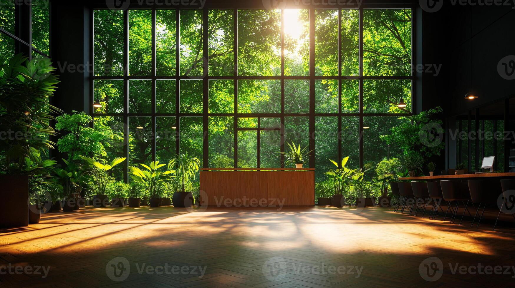 modern office interior featuring large windows with abundant greenery, creating serene and vibrant atmosphere. sunlight filters through, enhancing natural beauty of space photo