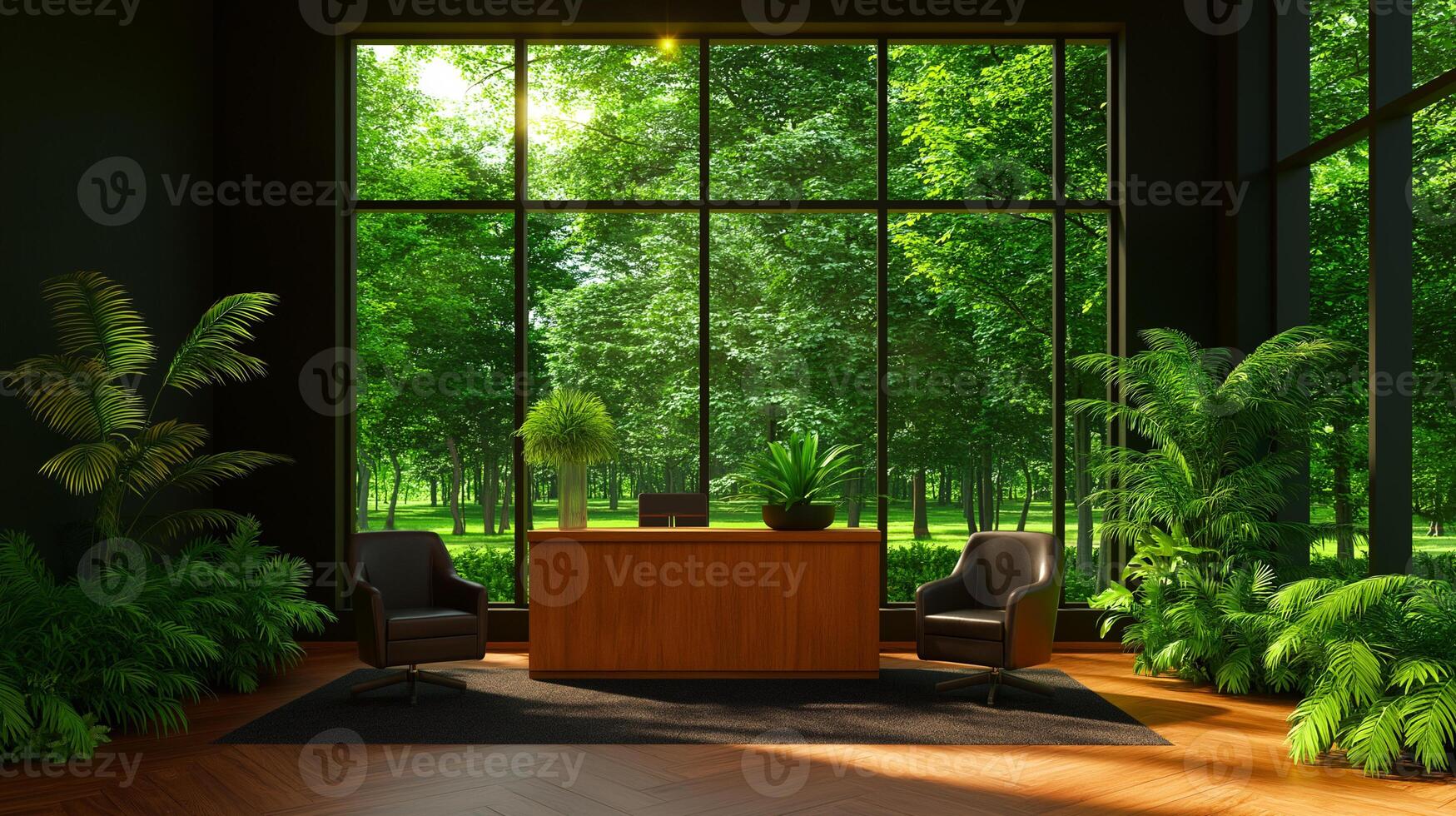 modern office interior featuring large windows, lush greenery, and stylish furniture creates serene workspace. natural light enhances vibrant atmosphere photo